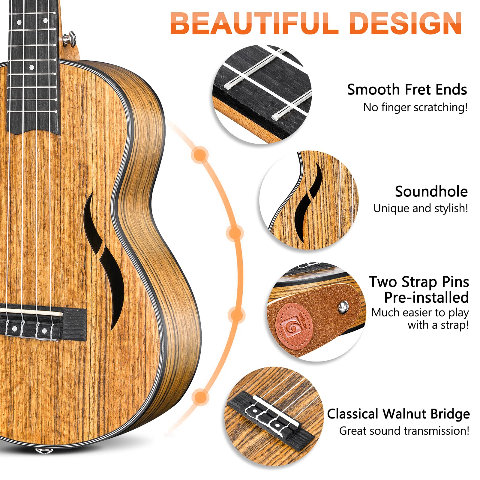Vangoa Konzert Ukulele 23 Zoll Walnussholz Hawaii Akustik Ukulelen Einsteige Set für erwachsene Teen Studenten mit Gig Bag, Natürlich