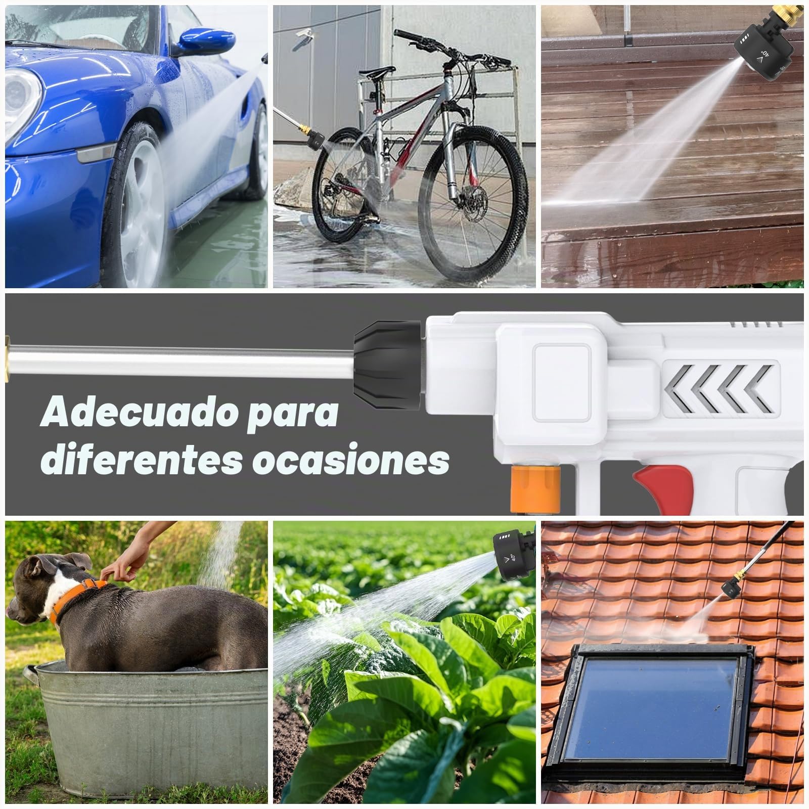 Hidrolimpiadora de Alta Presión Inalámbrica, Hidrolimpiadora Portátil, Pistola de Agua a Presión, Boquilla 6 en 1, 2 Baterías, Manguera de 5m, Ideal para Coches, Ventanas, Jardines y Piscinas