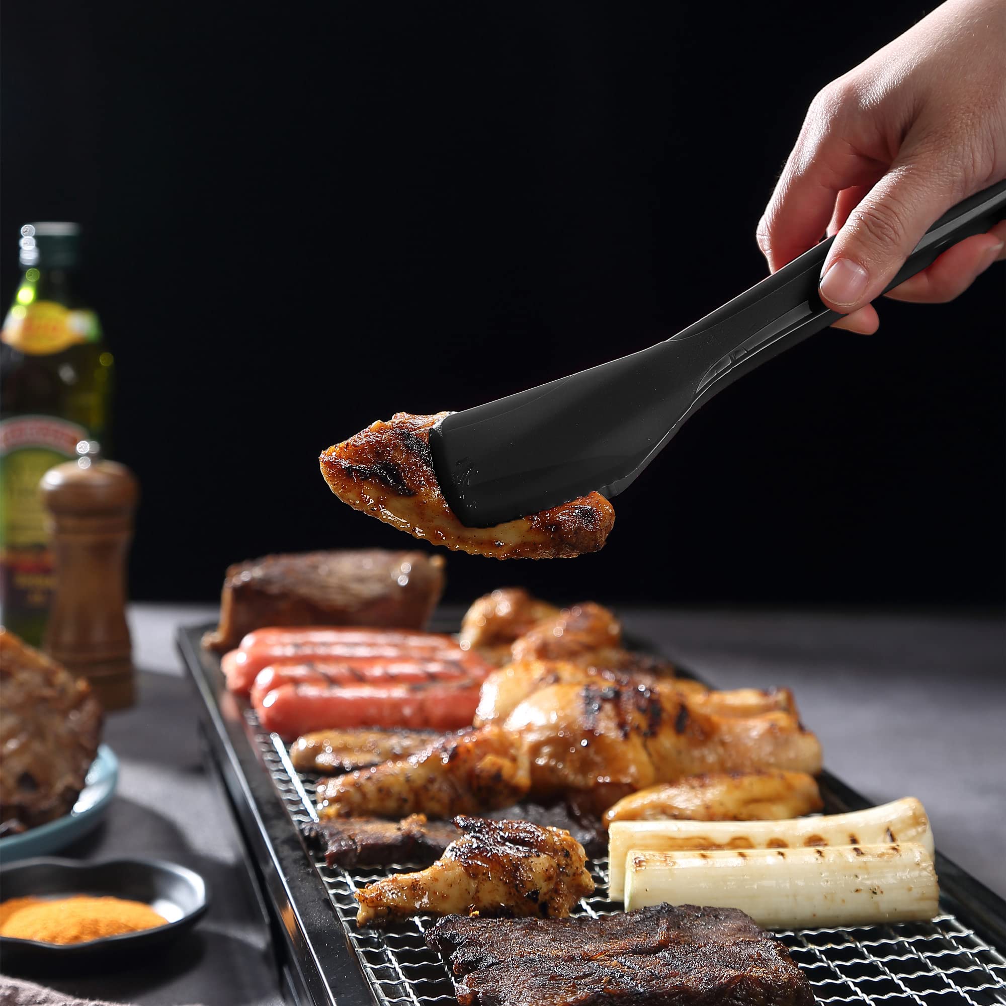 Mu&Ti Silicone Kitchen Tongs 11 Inch Spatula Silicone Toast Tongs Salad Tongs for Cooking Salad BBQ Serving Toast Grilling Locking Frying Baking Steak(Black)