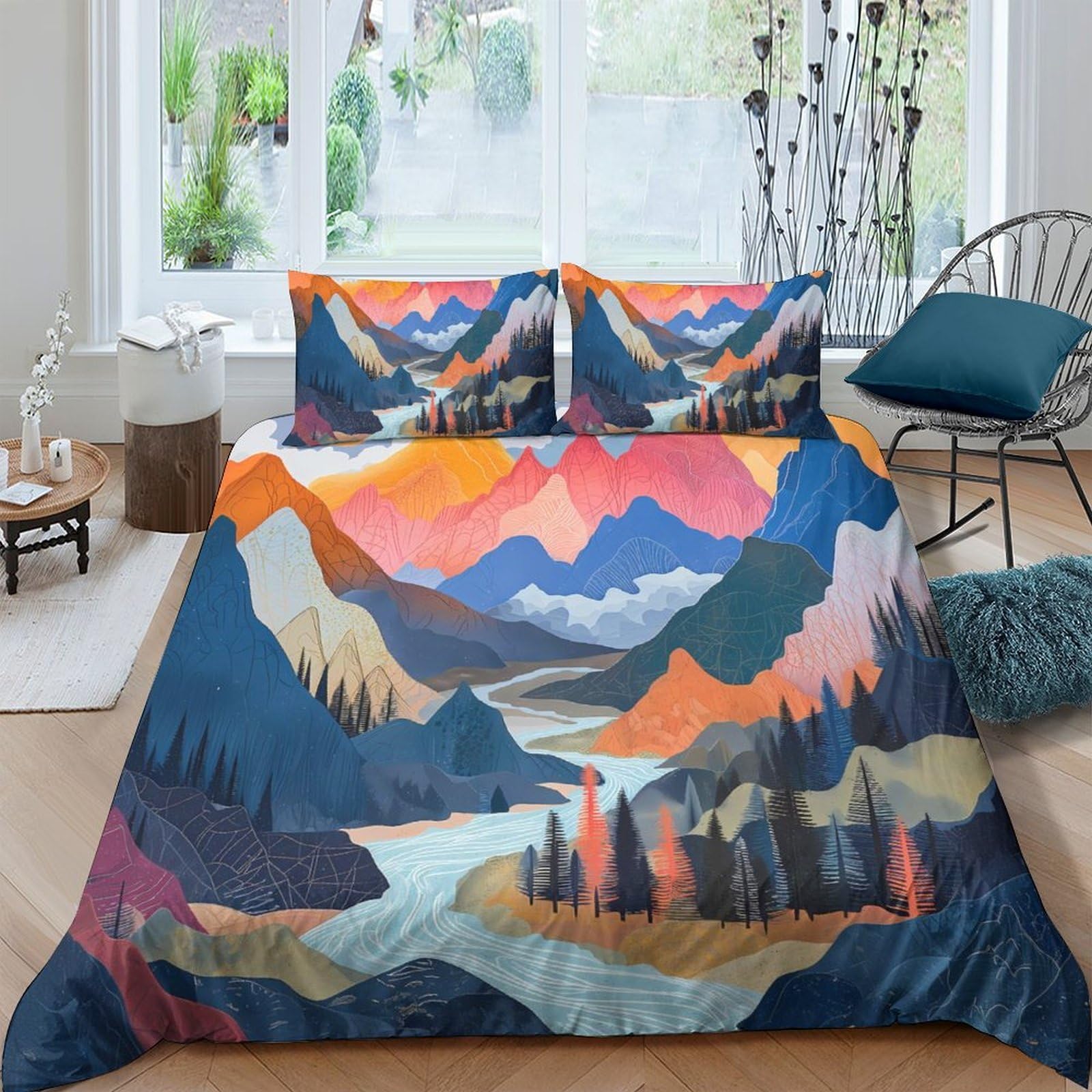 Ctjqhvkz Style-9 3D Printed Mountain Landscape Fitted Sheet Microfiber Scenic River Valley Bed Cover For Bedroom Decor Easy Care Single（135X200cm）
