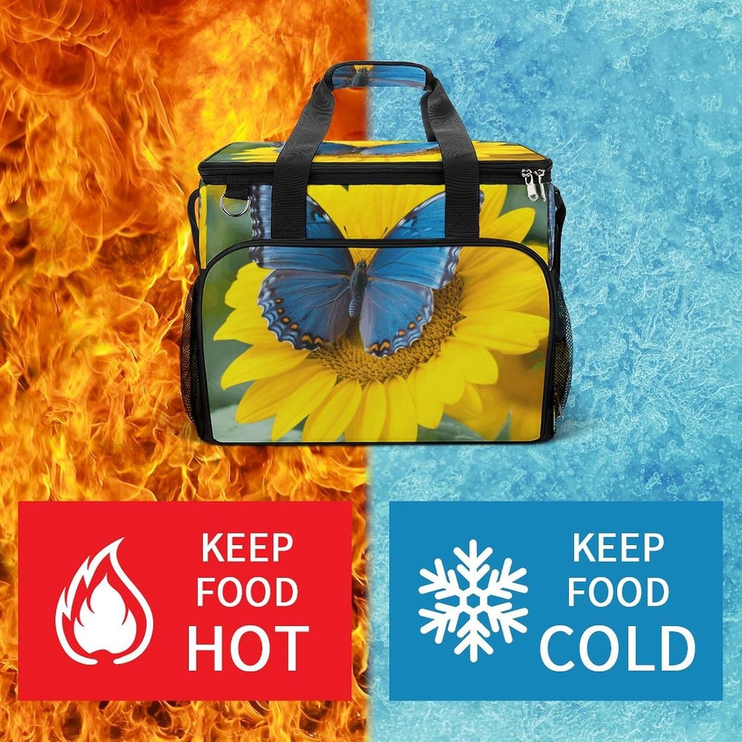 Large Capacity Oxford Cloth Sunflower Blue Butterfly Printed Camping Ice Bag, Outdoor Portable Insulation and Cooling Bag, Suitable for Outdoor Camping and Picnics