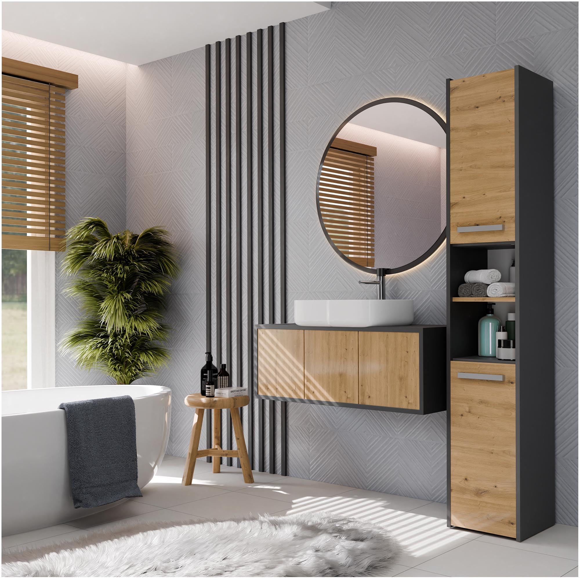 CDF Armadio da Bagno Alto largh. 30 cm Colonna Bagno Mobiletto Portaoggetti Stretto Ripiani e Scomparti per Piccoli Spazi, Cosmetici Moderno Mobile Salvaspazio Rovere Artisan/Antracite 30x30x170 cm