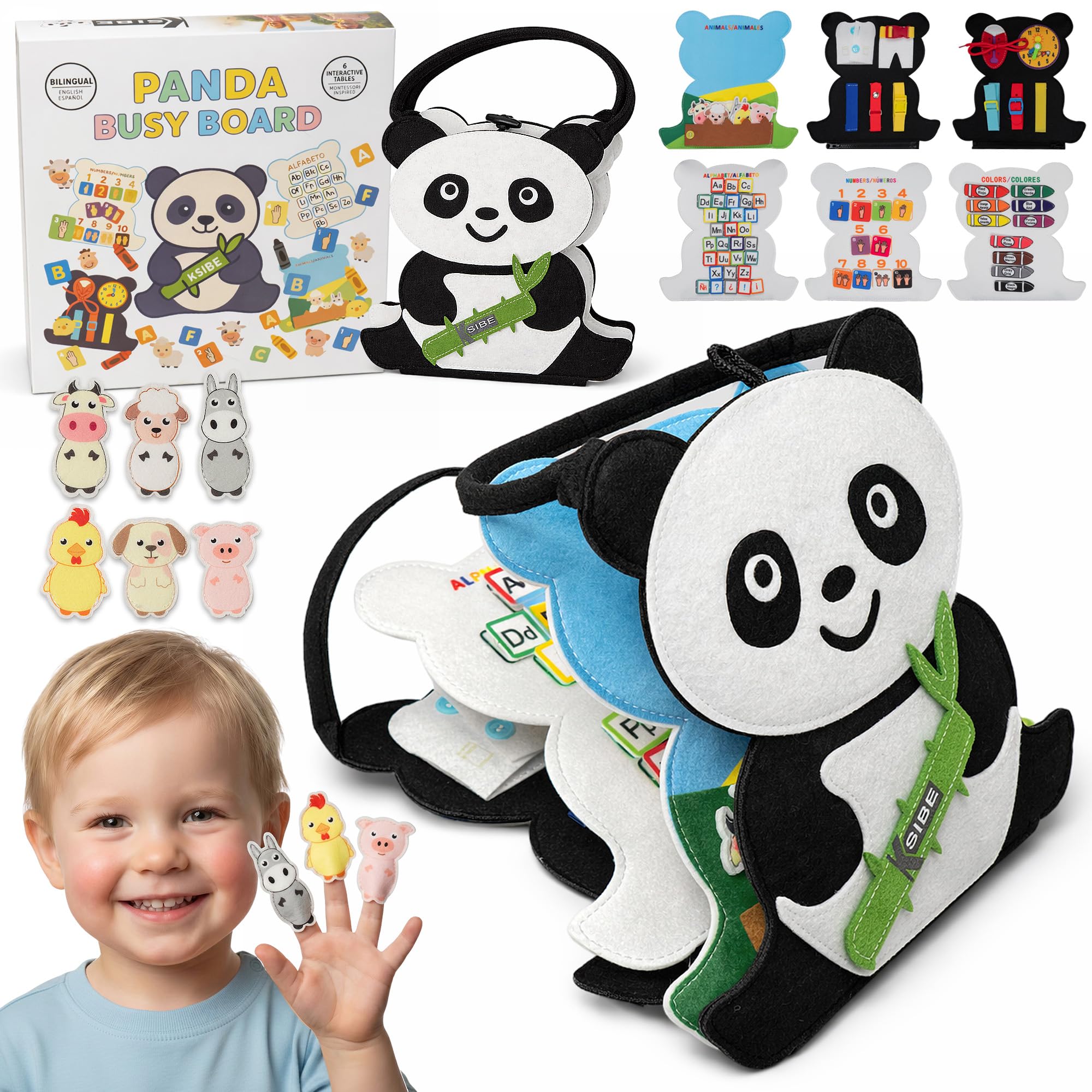 Busy Board Montessori +3 años de Fieltro - Busy Book Sensorial con Letras, Números y Animales - Juego Montessori 3 años con Habilidades de Motricidad Fina - Diseño Panda