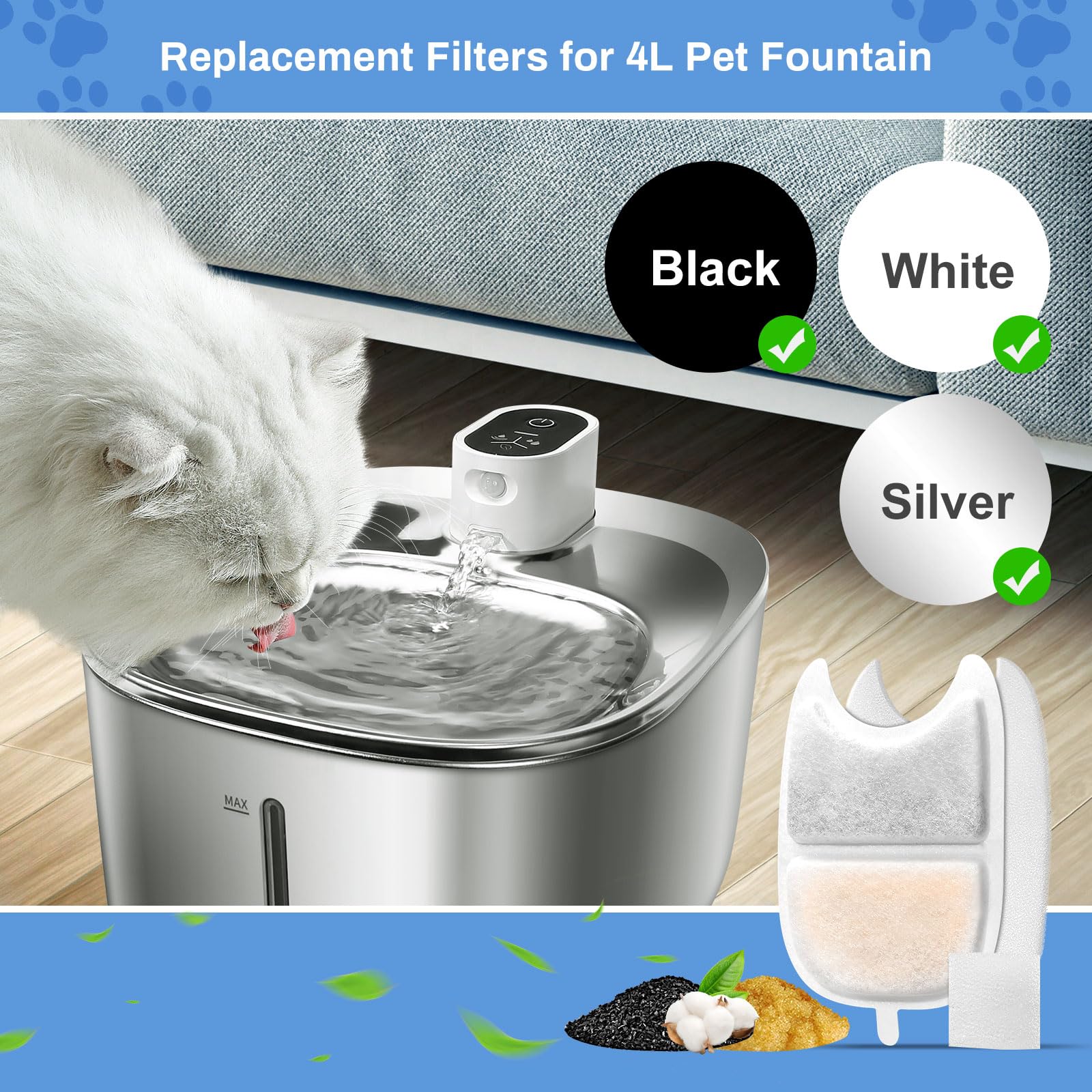 Feriva 12 Set Filtri Fontanella per Gatti per 4L Fontanella per Gatti Senza Fili, Filtri per Fontane per Animali Domestici, Tripla Filtrazione Filtri di Ricambio(12+12+12)