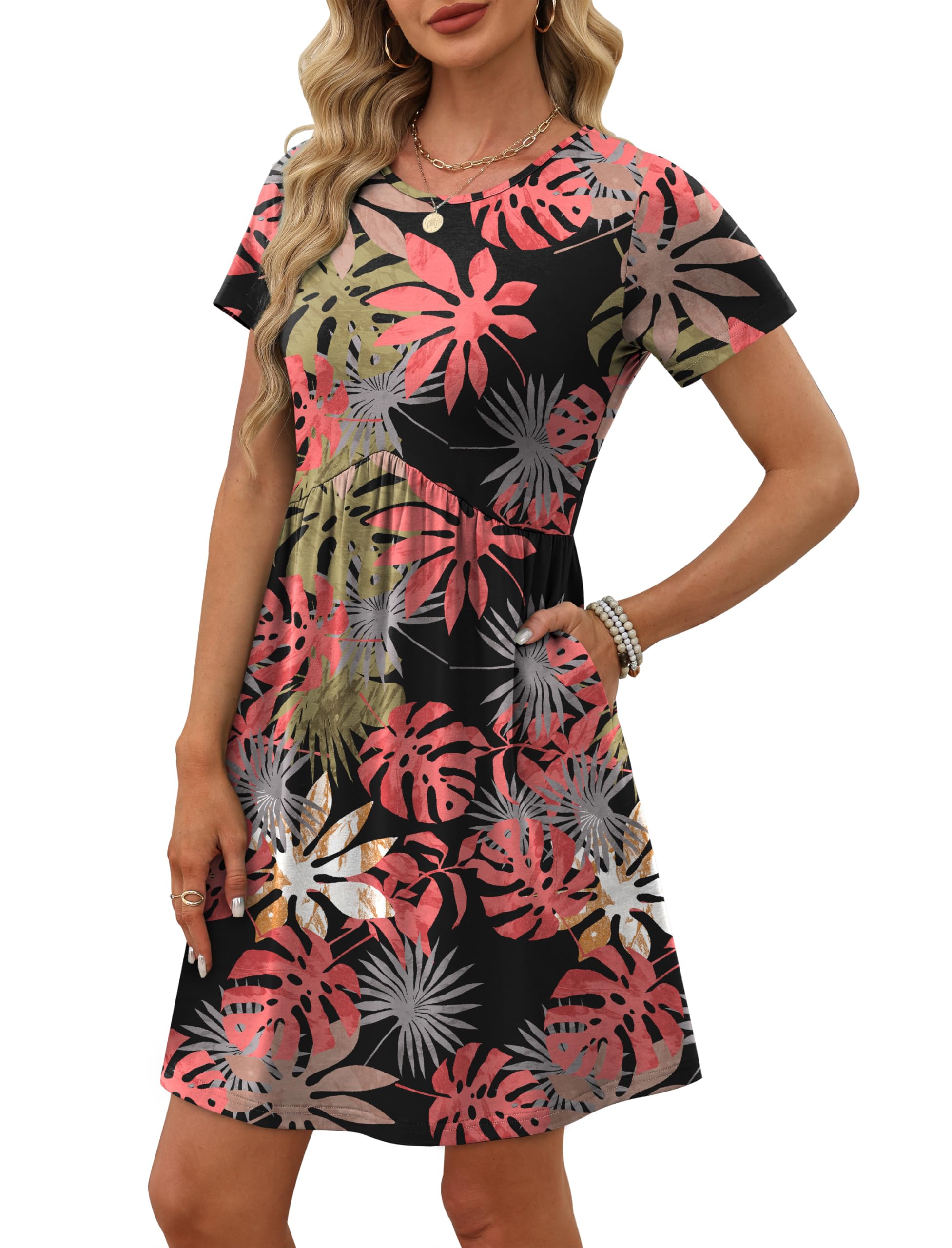 OFEEFAN Spring Dresses for Women 2026 Short Sleeve Crew Neck Casual Dresses Empire Waist Maternity Dress with Pockets - 3