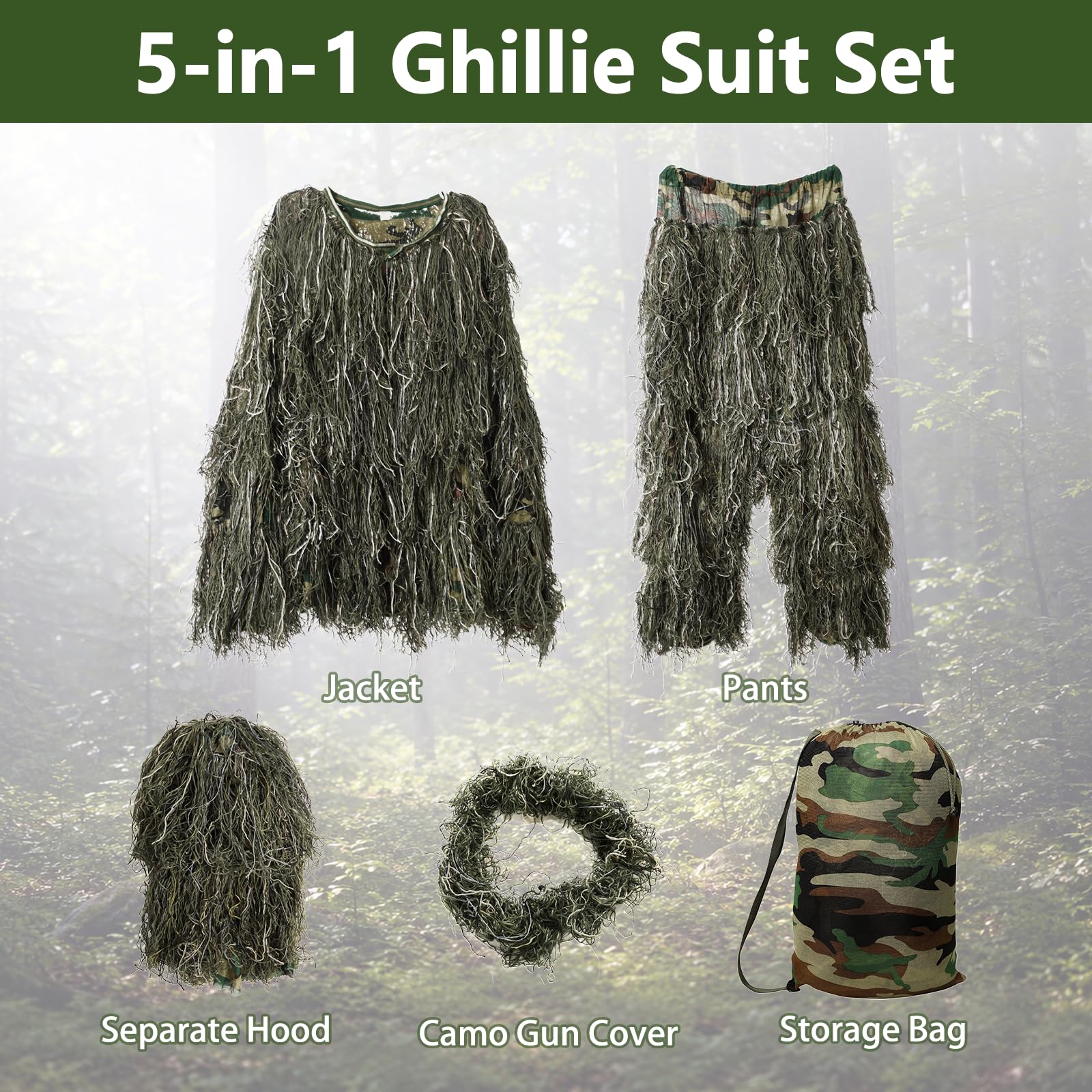MOPHOTO Ghillie Suit 3D Leafy Camo Camo Tuta da caccia, Woodland Gilly Suits Gillies Abiti da uomo, Foglie Camouflage Caccia