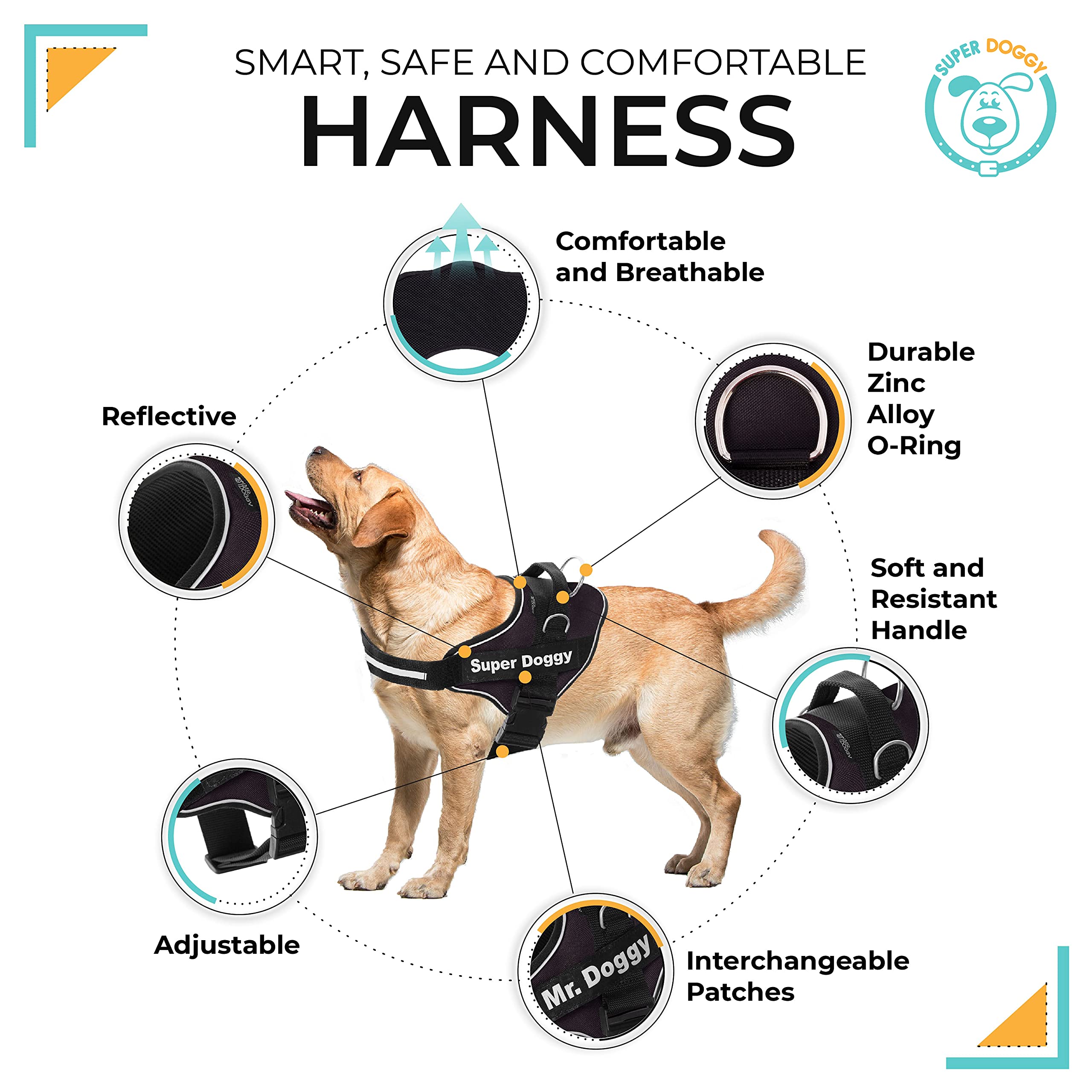 Arnes Personalizado para Perros Reflectante - Incluye 2 Etiquetas con Nombre - Tamaño Pequeño, Mediano y Grande - De Calidad y Resistente (M 13-22KG, Negro)