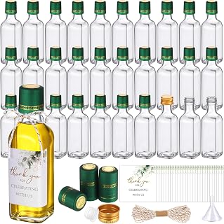 30 Pack 3 oz Mini Glass Olive Oil Bottles Set, Homemade Wedding Sauce Gift Bottles Leakproof Screw Cap, Thank You Wedding Stickers for Storing Oil Honey Bridal Baby Shower Favors (Green)