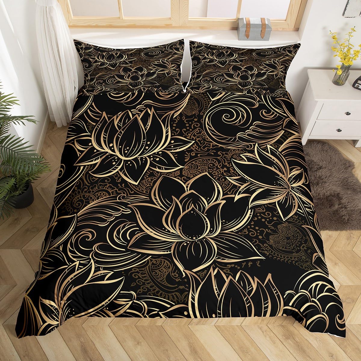 Loussiesd Luxury Black Gold Duvet Cover for Woman Bedroom Senior Gift Blossom Flowers Comforter Cover Floral Golden Printed Bedding Soft Microfiber Pillowcase Decor 2 Pcs Junior/Cot Bed Size