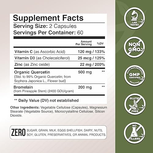 Miniatura 4 de Gade Nutrition Quercetina orgánica con bromelina vitamina C y zinc  Suplemento de apoyo inmunológico Quercetina 500mg Cápsulas  Bioflavonoides