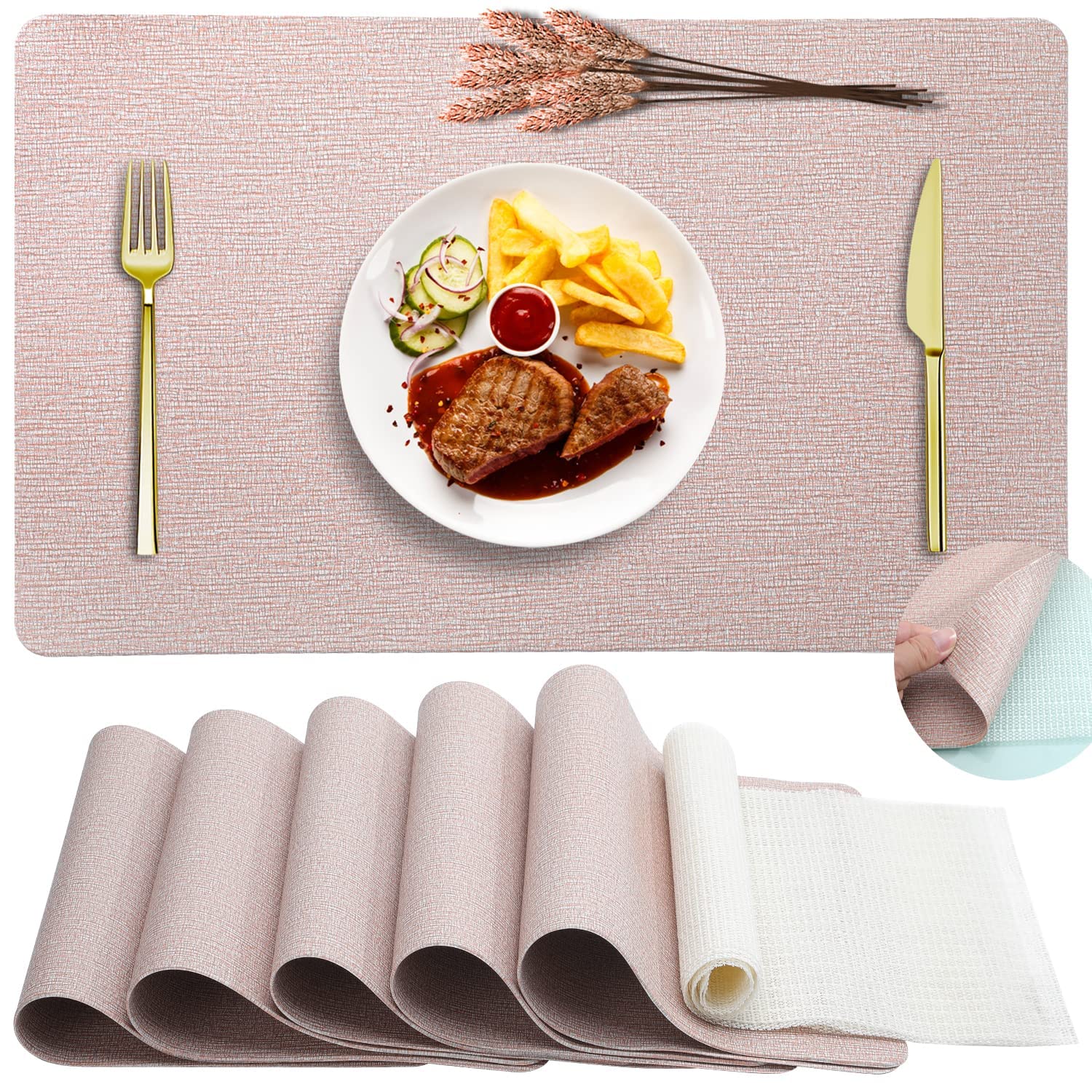 Rinpon Thick Wipeable Farmhouse Placemats Set of 6, Heat Resistant Placemats with 6 Non-Slip Mats, Washable Waterproof Oil-Proof Placemats, Rustic Wrinkle Free Kitchen Dining Table Mats (Pink)