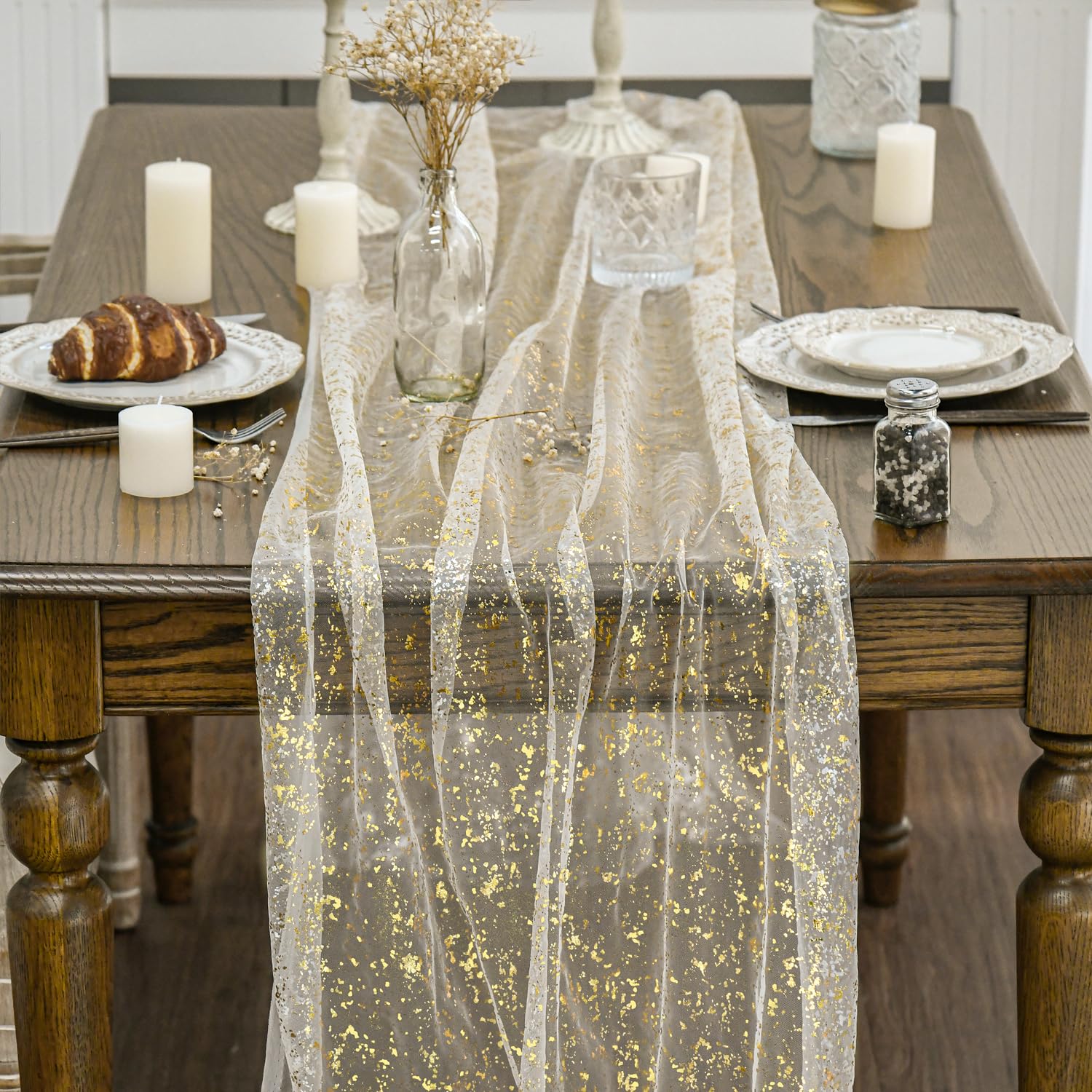 Tafelloper van organza en pailletten Kersthulst 28cm x 3m