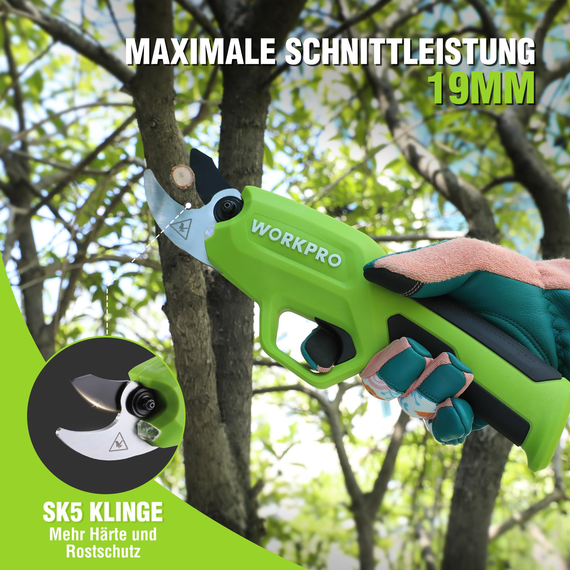 WORKPRO 7,2V Akku Gartenschere, Professionelle elektrische Baumschere Astschere mit 19mm Schnittdurchmesser und 2Ah Akku für Garten, Äste und Obstbäume
