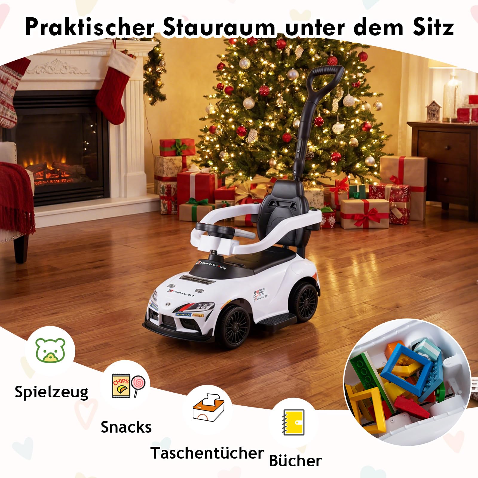 GOPLUS 3 in 1 Schiebeauto, Rutschauto Toyota mit verstecktem Stauraum & Musik, Rutschfahrzeug mit Schiebestange, Kinderfahrzeug für drinnen & draußen für Kinder von 18–60 Monaten (Weiß)
