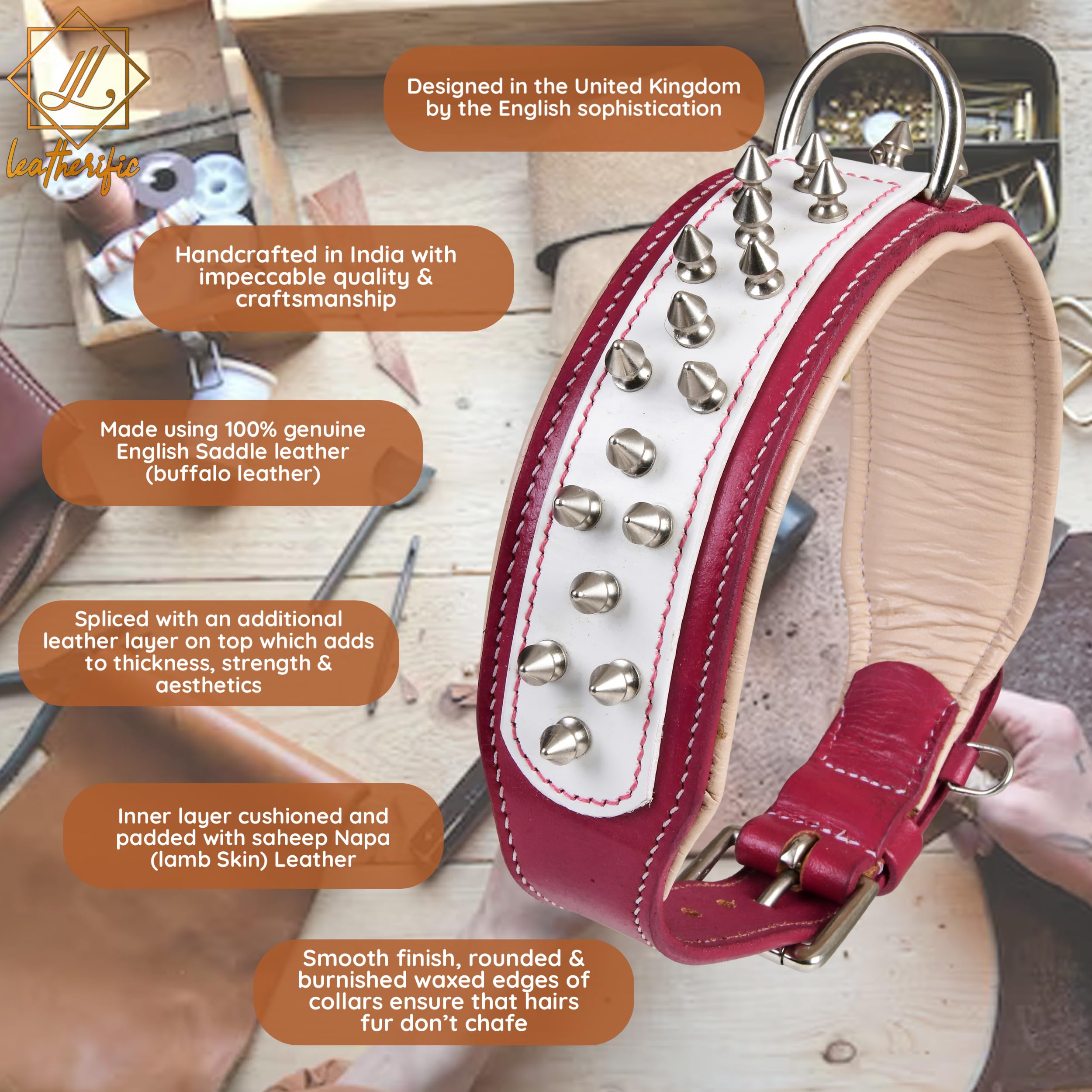 Leatherify - Collar de cuero genuino para perro, de alta calidad, resistente, acolchado, fuerte, con picos atornillados, razas medianas, grandes, extragrandes, 5 cm de ancho (color magenta, tamaño del