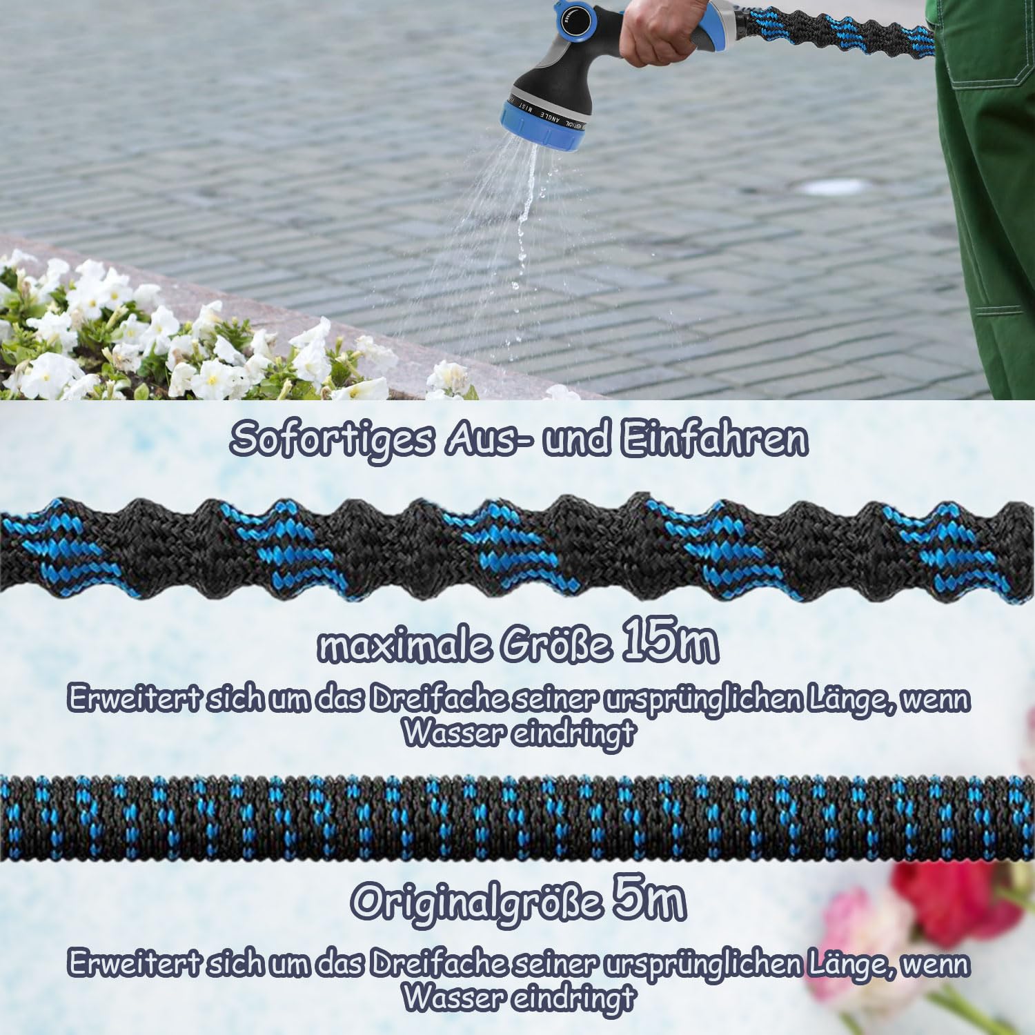 Tuyau Arrosage Extensible, Tuyau d'Arrosage Extensible avec 1/2" et 3/4" Adaptateurs, 10 Modes d'Arrosage, Latex Triple Épaisseur Durable avec Raccords et Sac (50FT)