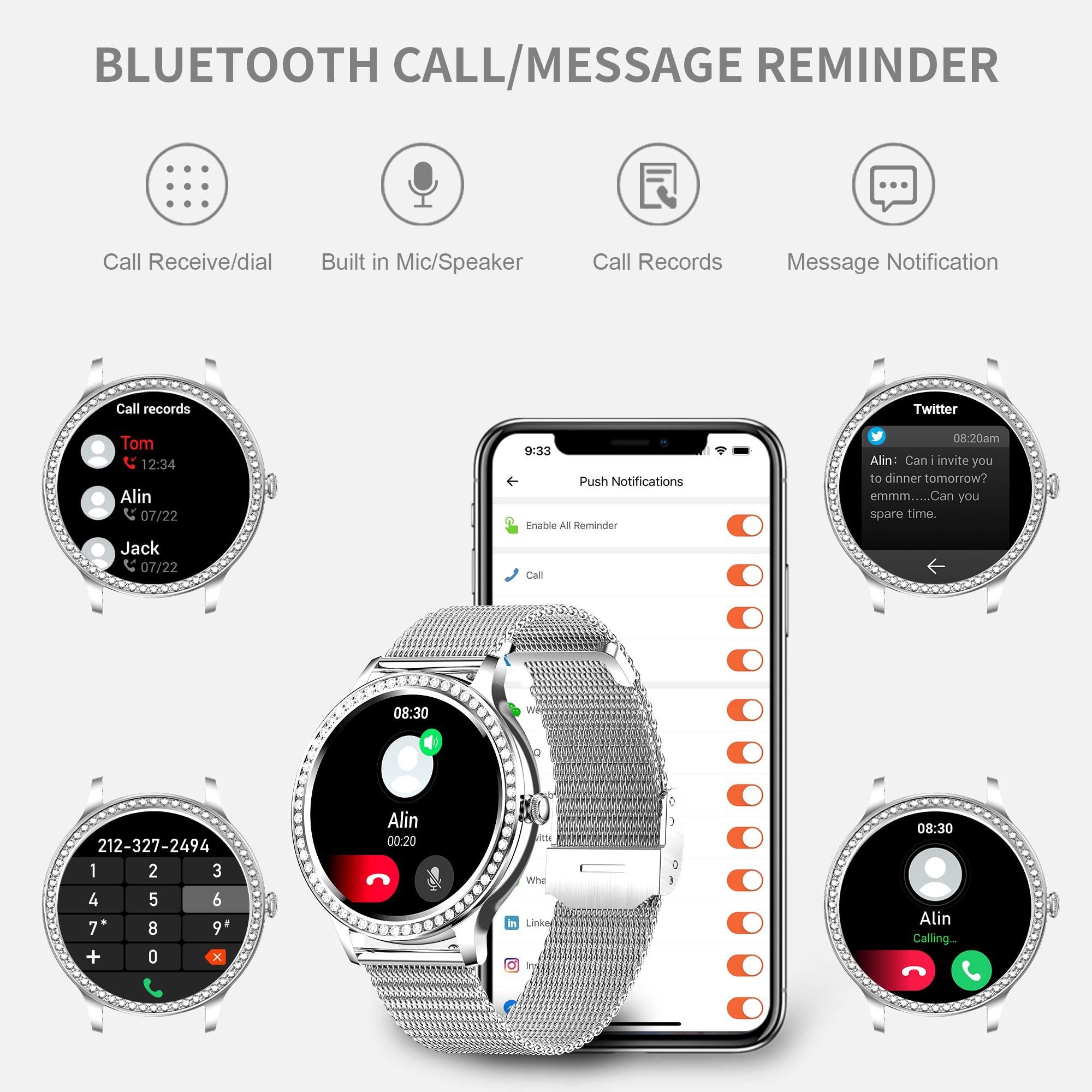 Montre Intelligente pour Femme, élégante avec Appel et Assistant Vocal, Tracker de Fitness étanche avec 20 Modes Sportifs pour Android et iOS