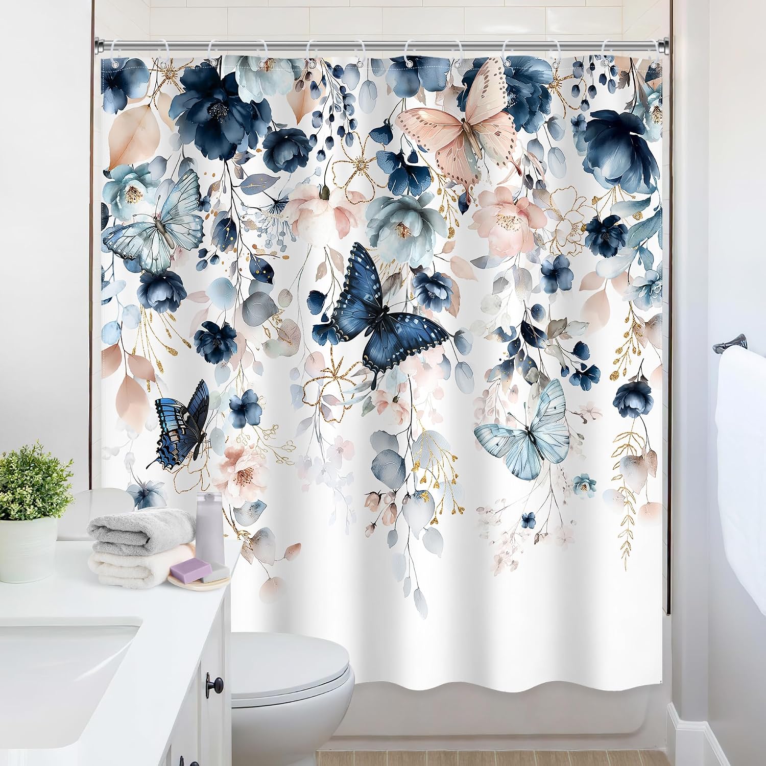 Extra Long Blue Pink Shower Curtain 72Wx78H Inch Floral Butterfly Spring Summer Plant Natural Gold Green Leaves Botanical Bathroom Set Country Woman Bath Curtain Bathtub Accessories Home Decor