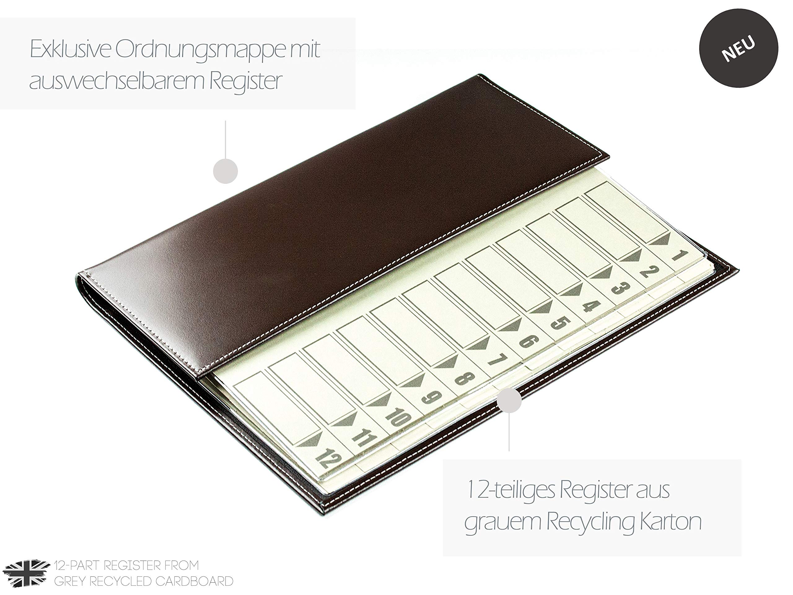 DELMON VARONE - Personalisierbare Ordnungsmappe/Pultmappe DIN A4 Cambridge Top Grain Leder braun - Premium Dokumentenmappe Fächermappe mit 12-teiligem Register (12 Fächer) mit Sichtlöcher