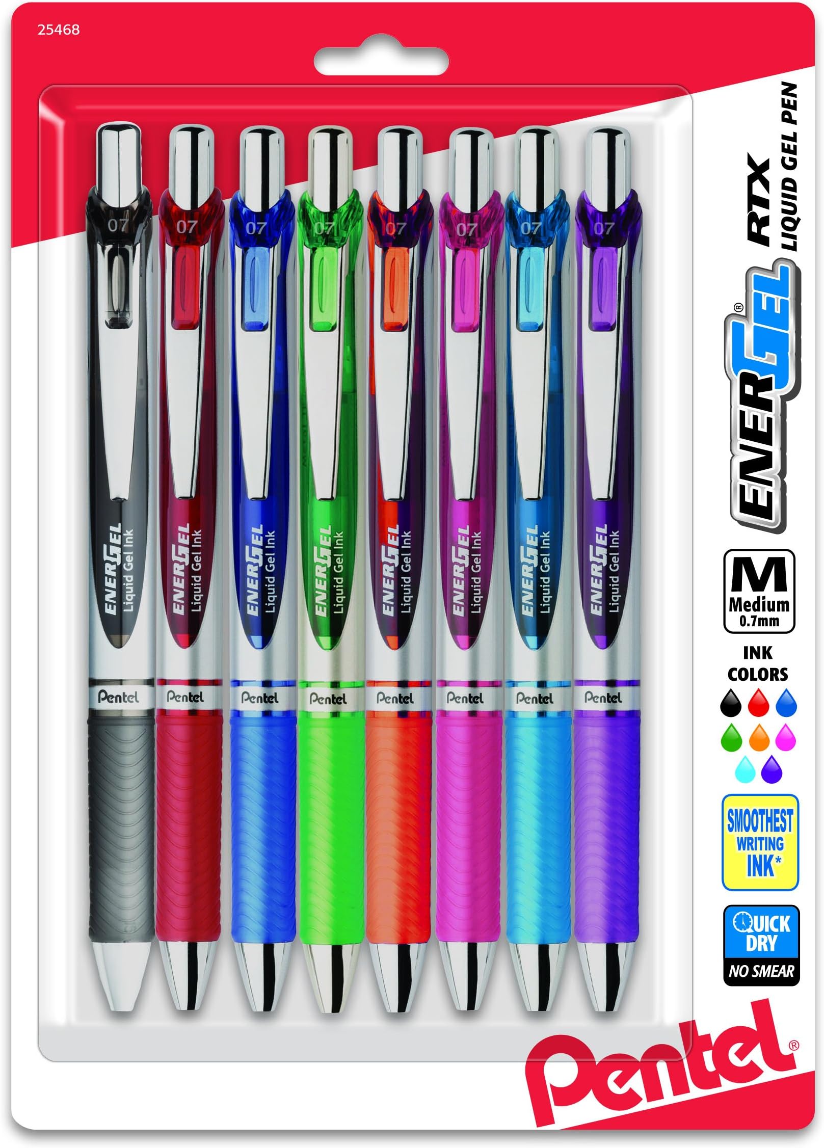 Pentel® EnerGel RTX Pens, 0.7 mm, Medium Point, Assorted Ink Colors, Pack Of 8