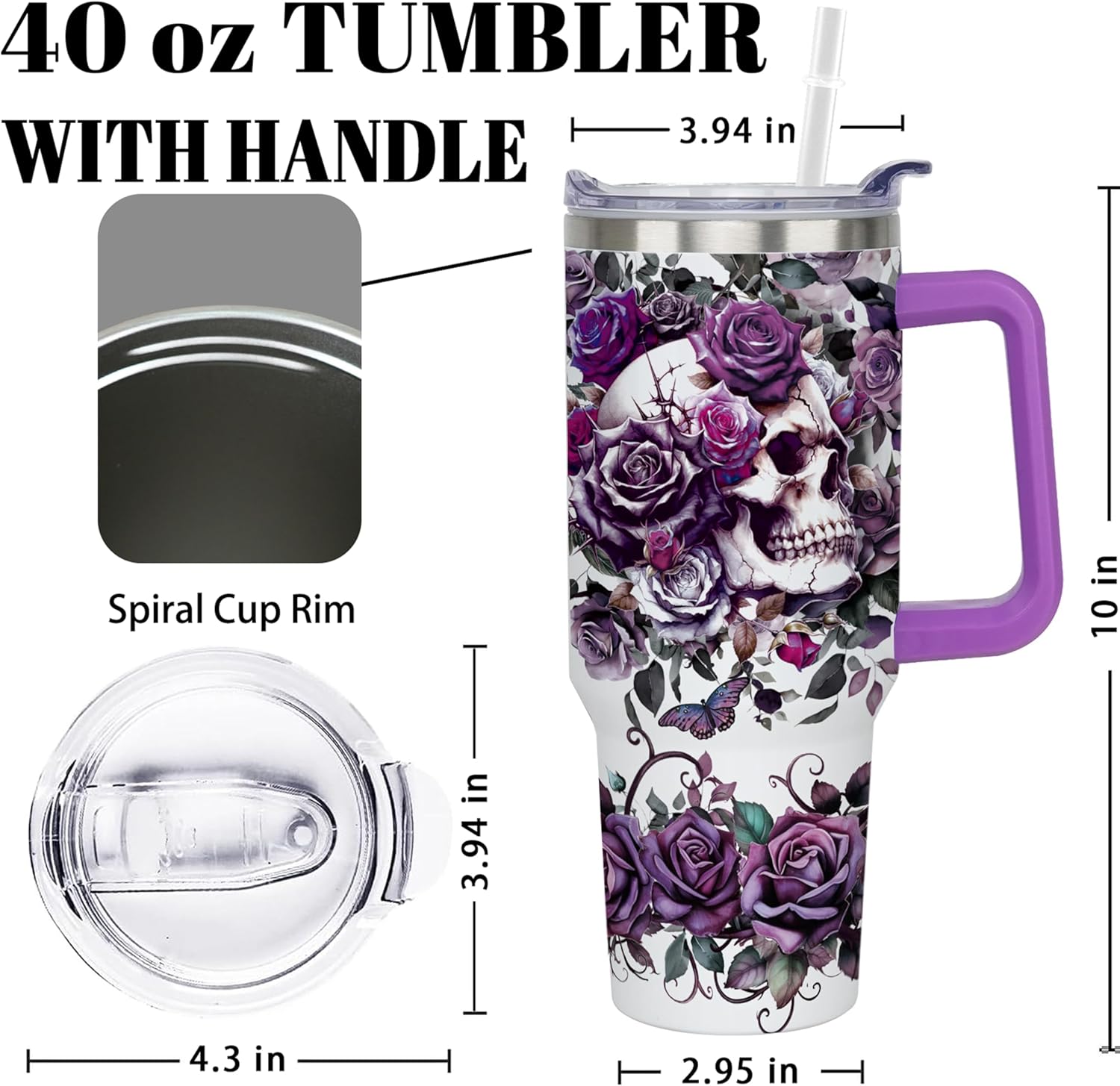 40oz Skull Goth Tumbler with Handle Gifts for Women Halloween Tumbler with Lid and Straw Horror Skeleton Stainless Steel Insulated Travel Coffee Cups - Image 3