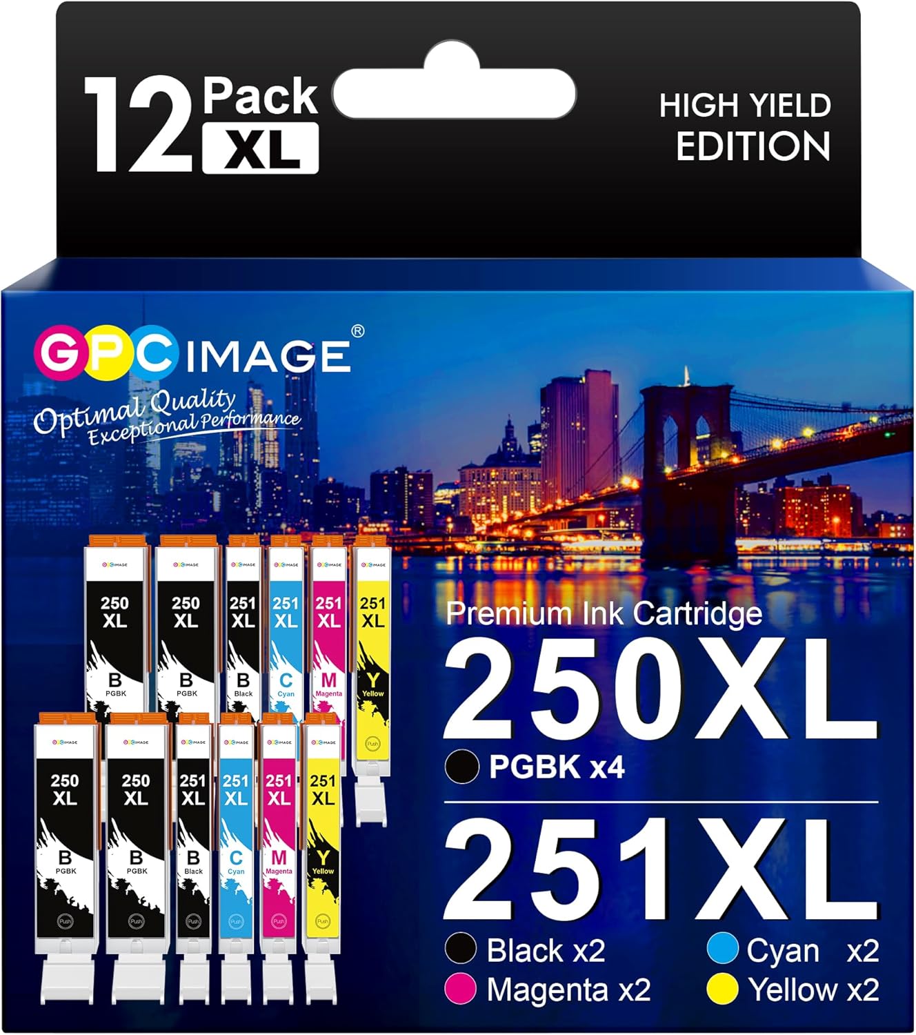 GPC Image Compatible Ink Cartridge Replacement for Canon 250 251 PGI-250XL CLI 251XL to use with MX922 MX920 Pixma MG7520 IP8720 MG5520 Printer, 12 Pack (4 PGBK,2 Black,2 Cyan,2 Magenta,2 Yellow)