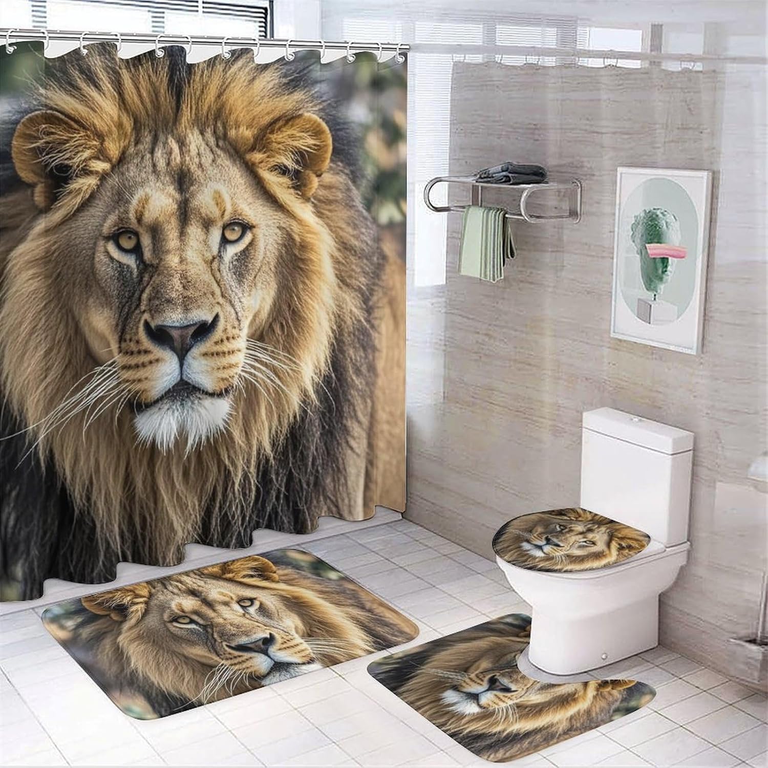African Lion Head Shower Curtain Set 4 Piece, Non-Slip Bath Mat with Toilet Lid Cover and Waterproof Shower Curtain with 12 Hooks, Complete Bathroom Set for Home Decor