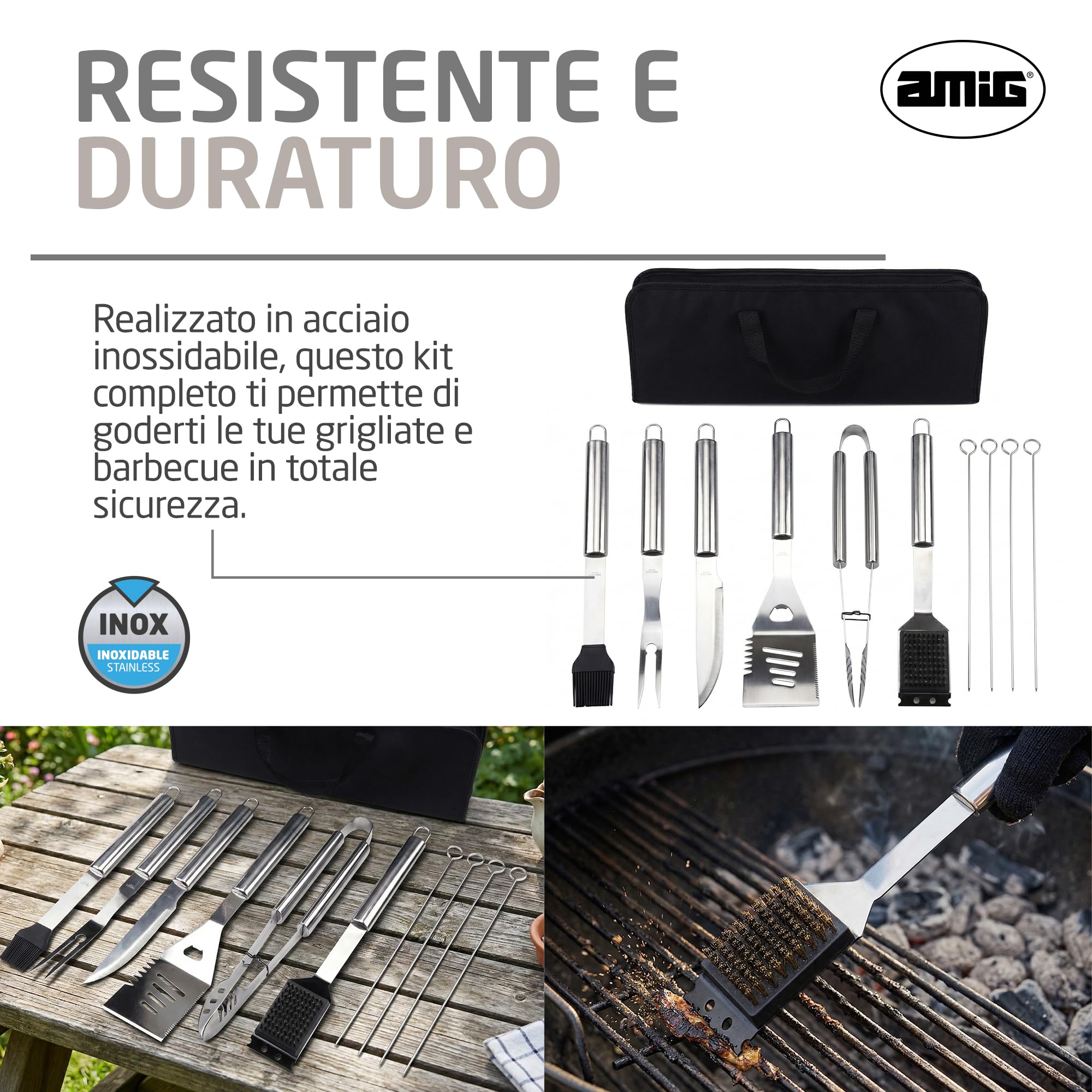 Amig - Kit 10 Accessori per Barbecue - Acciaio Inossidabile - Set Completo di Utensili - Accessori Pratici e Presentazione Curata per Regalo - Mod. AM03