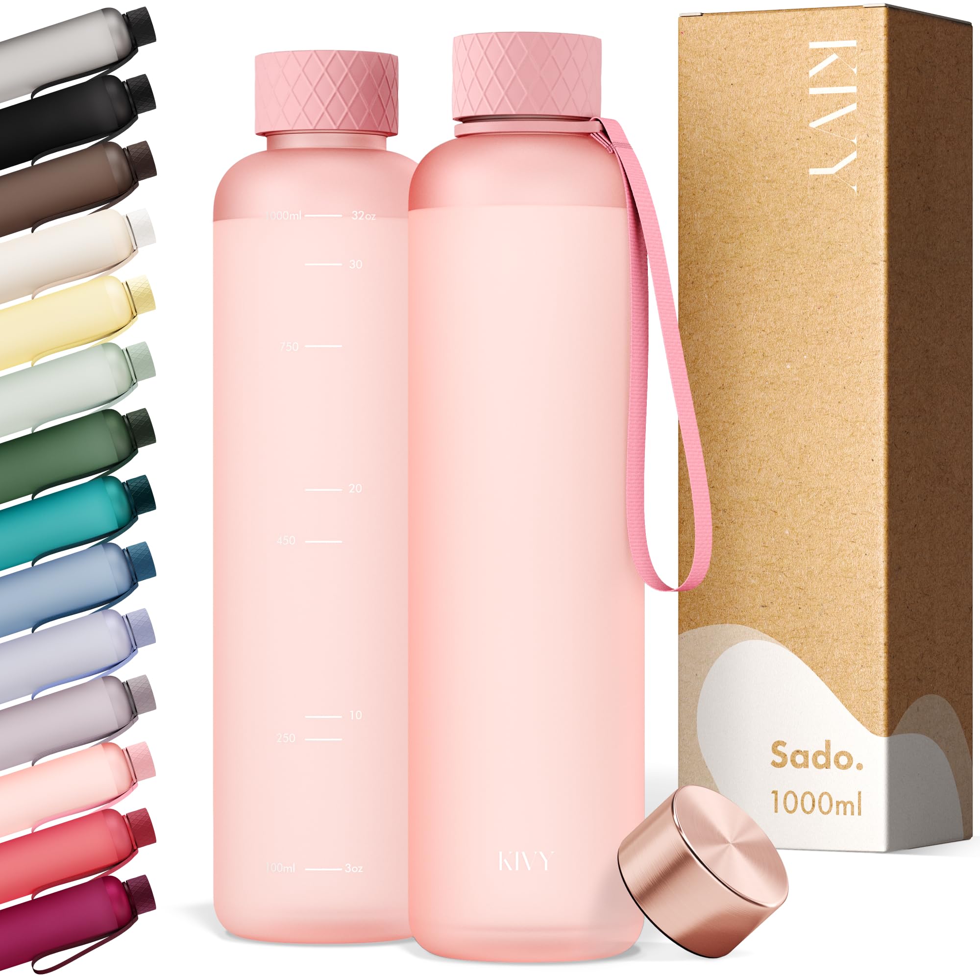 KIVY Slim Water Bottle 32oz [Lightweight & Shatterproof] Fits Backpack & Cupholder for Travel, Sports, School, Gym - Rose gold, Pink bottle no straw - Gym water bottle for women - Dishwasher Safe