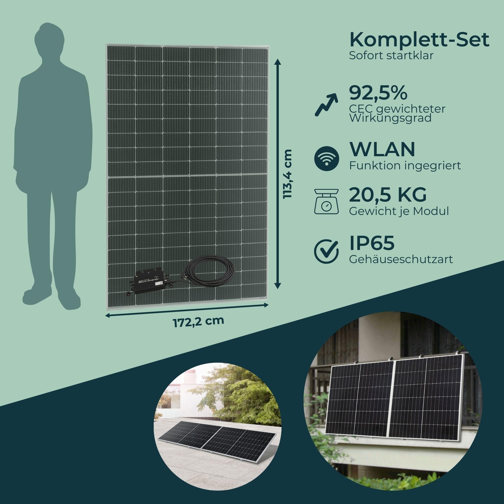 pro.tec Balkonkraftwerk Brusson 800W Solaranlage mit Wechselrichter mit App und WiFi 10m Kabel Komplettset mit 2x400W Solarmodulen Photovoltaik Plug+Play