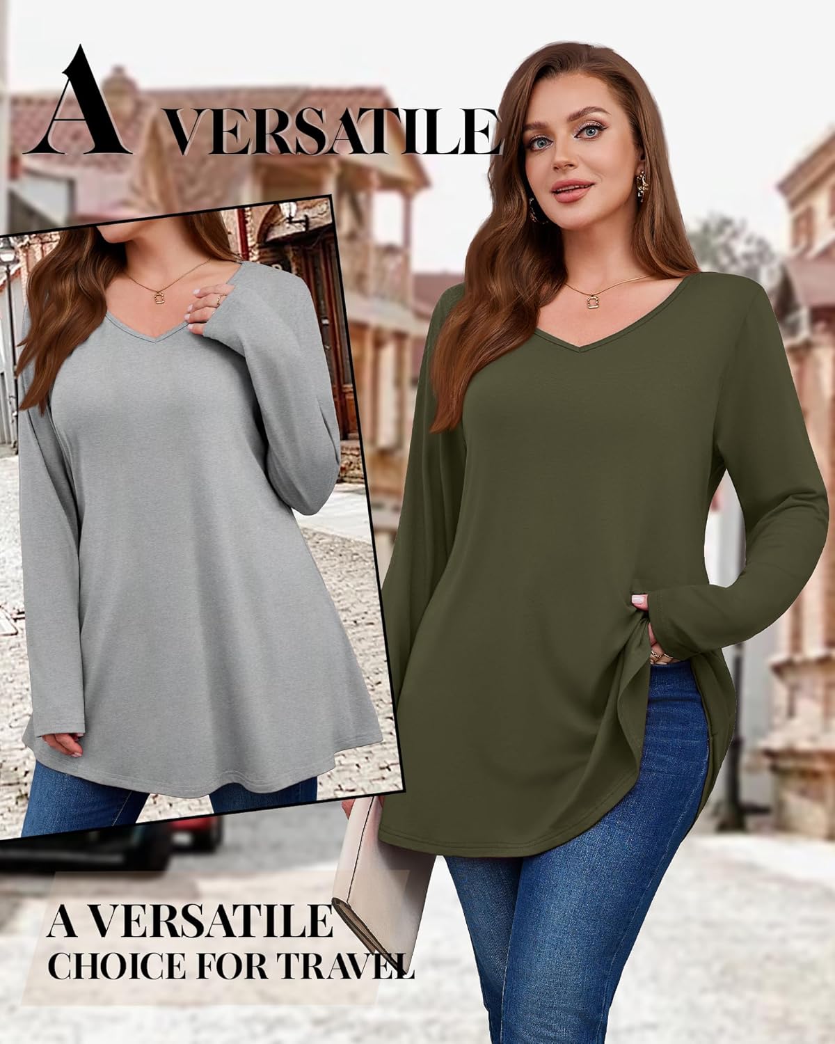3 Pack Women's Plus Size Tunic Tops V Neck Long Sleeve Shirts Loose Fit Casual Flowy Tees with Leggings - Image 5