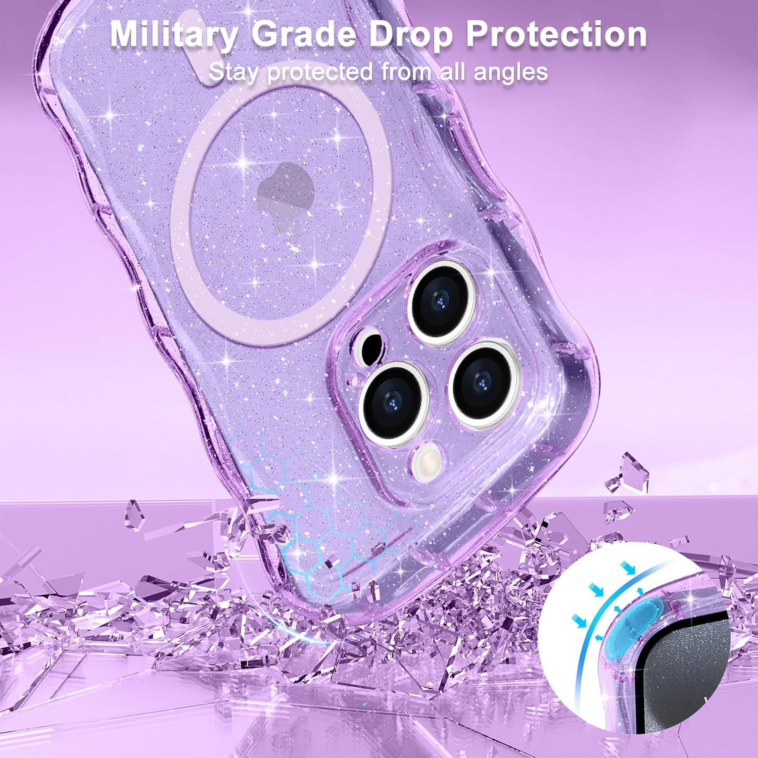 Magnetic for iPhone 15 Pro Case Clear, Sparkly Bling Glitter Cute Curly Wave Transparent Cover for Women Men Compatible with MagSafe Shockproof Protective Phone Case for iPhone 15 Pro, Purple - Image 5
