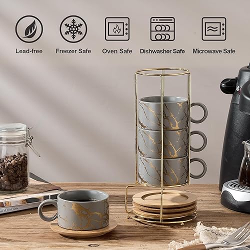 Miniatura 4 de LUKA Juego de 4 tazas apilables de porcelana de 6 onzas con platillos y soporte de metal, tazas de capuchino de cerámica para bebidas de café