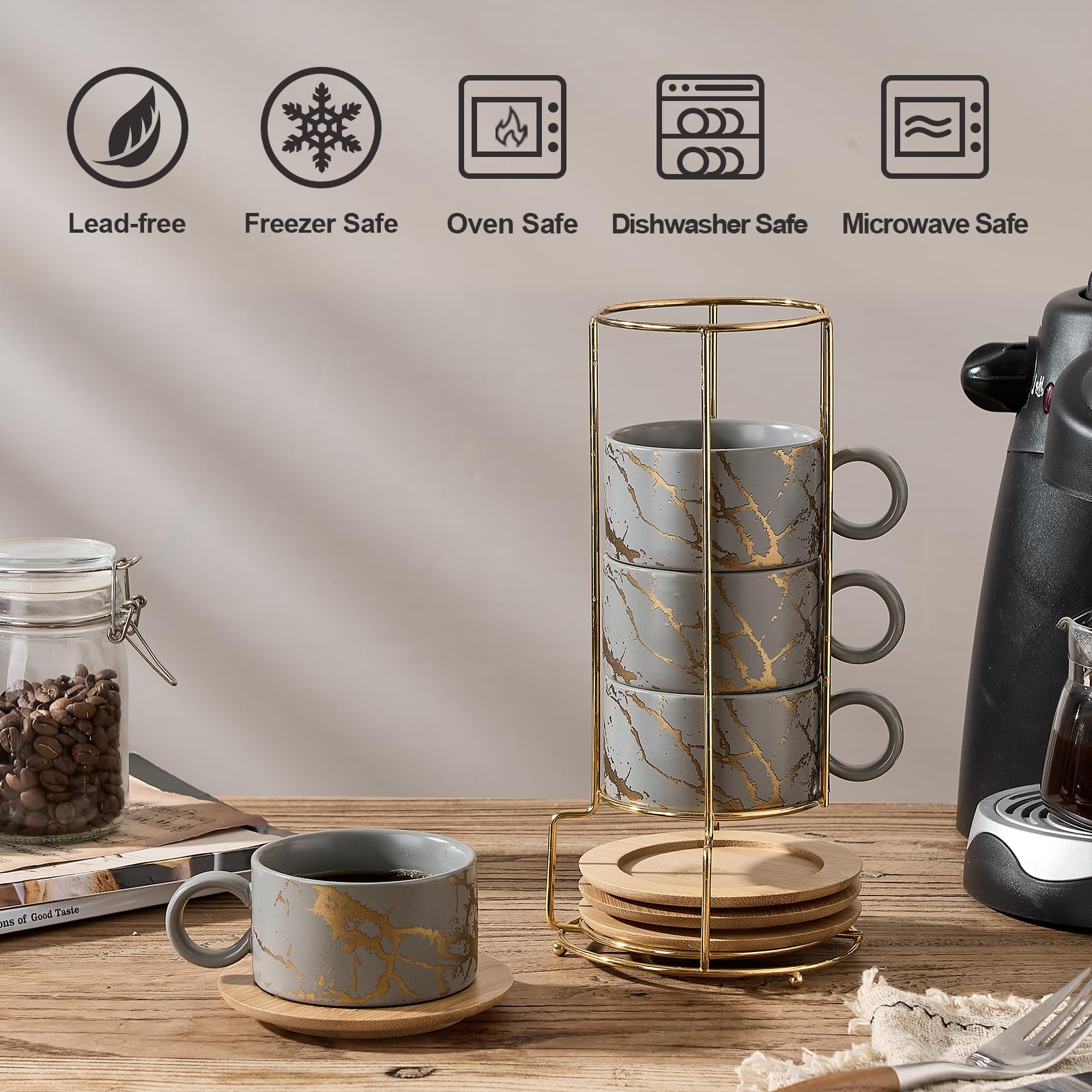 LUKA Stapelbare Espressotassen aus Porzellan mit Untertassen und Metallständer, 170 ml, 4 Stück, Keramik-Cappuccino-Tassen-Set für spezielle Kaffeegetränke, Latte, Café, Mokka und Tee, Grau