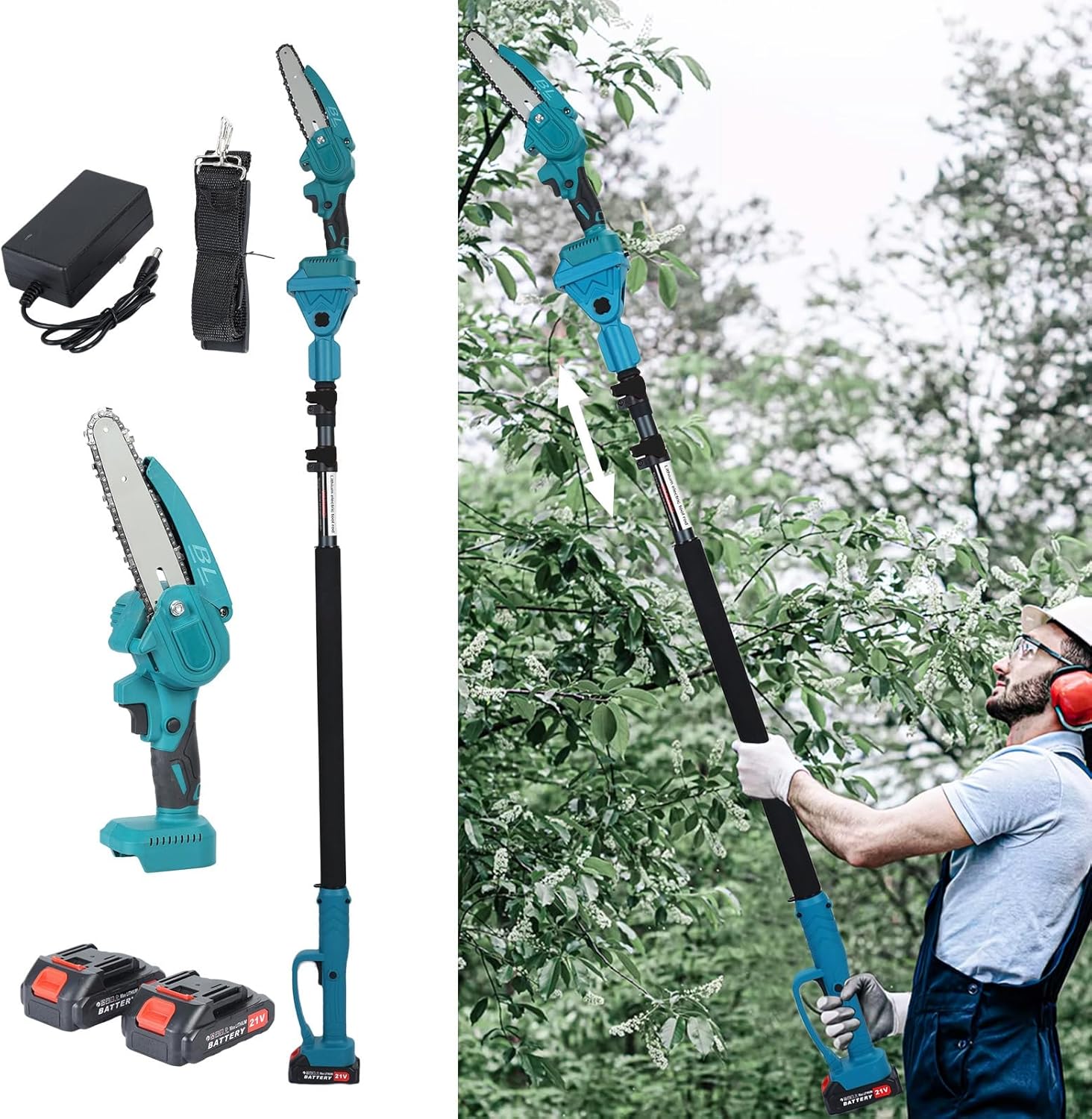 2-in-1 Brushless Electric Pole Saw & Mini Chainsaw, 15.8ft Reach, 2X 2.0Ah Batteries for Efficient Tree Pruning & Cutting US Plug
