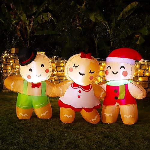 Miniatura 5 de Joliyoou Decoración inflable de Navidad de 8 pies de largo, juego de 3 hombres de jengibre inflables de mano a mano, adorable hombre de pan de