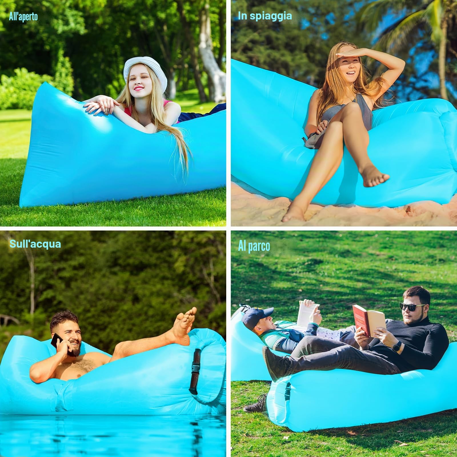 Divano Lettino da Spiaggia Gonfiabile, 200 * 70cm Sedia Gonfiabile Spiaggia, Sdraio Gonfiabile ad Aria, Poltrona Gonfiabile da Esterno, per Campeggio, Feste in Piscina (Blu cielo)