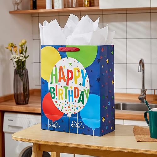 Miniatura 5 de SUNCOLOR Bolsa de regalo extragrande con ventana de confeti, papel azul, 15.7 x 12.6 x 5.7 pulgadas, diseño de globos de cumpleaños, incluye papel