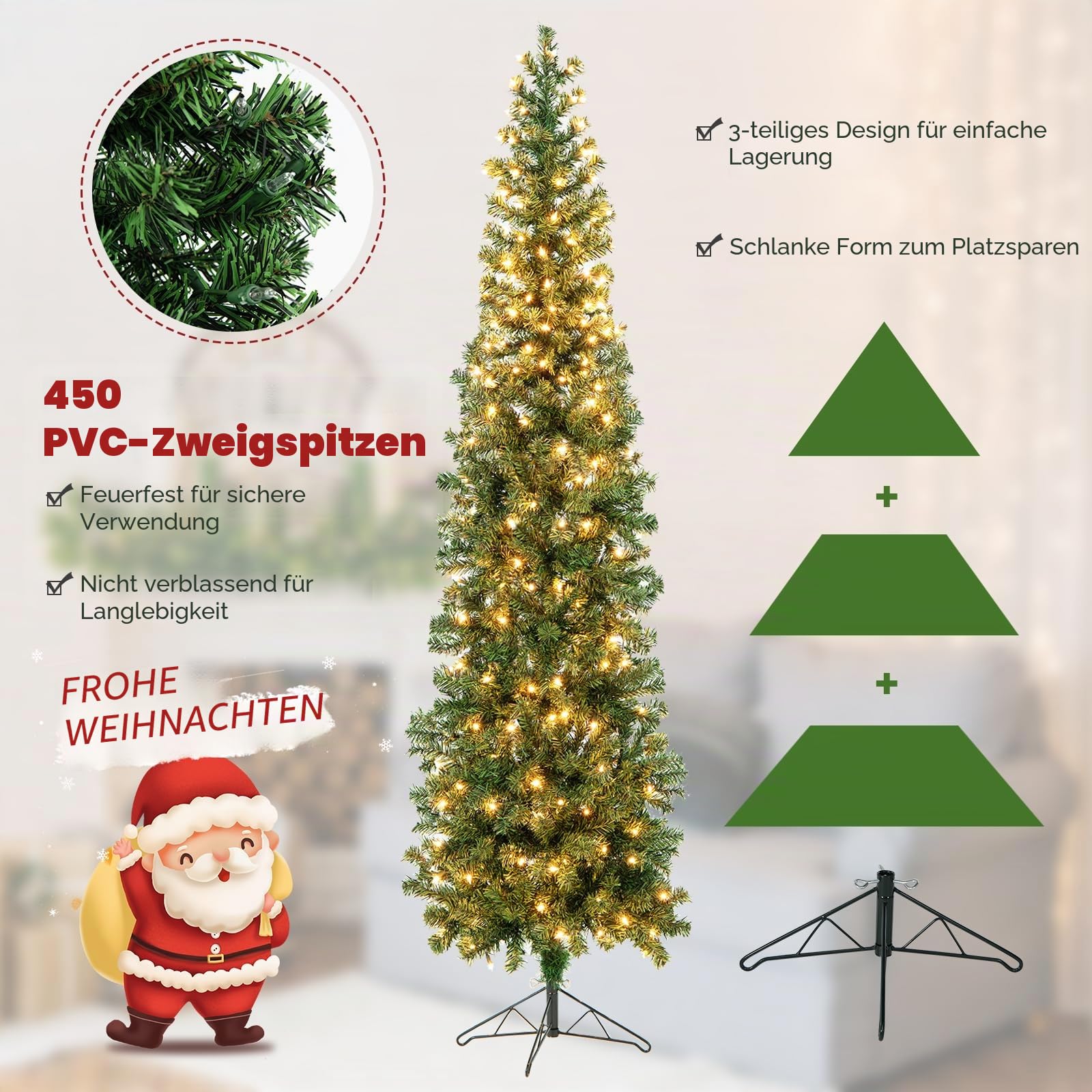 KOMFOTTEU Künstlicher Bleistiftbaum 210 cm mit 150 LED-Lichtern, Halber Weihnachtsbaum mit 403 Zweige & Metallständer, Christbaum Tannenbaum Weihnachtsdekoration für Haus Geschäfte Büro (450 Zweige)