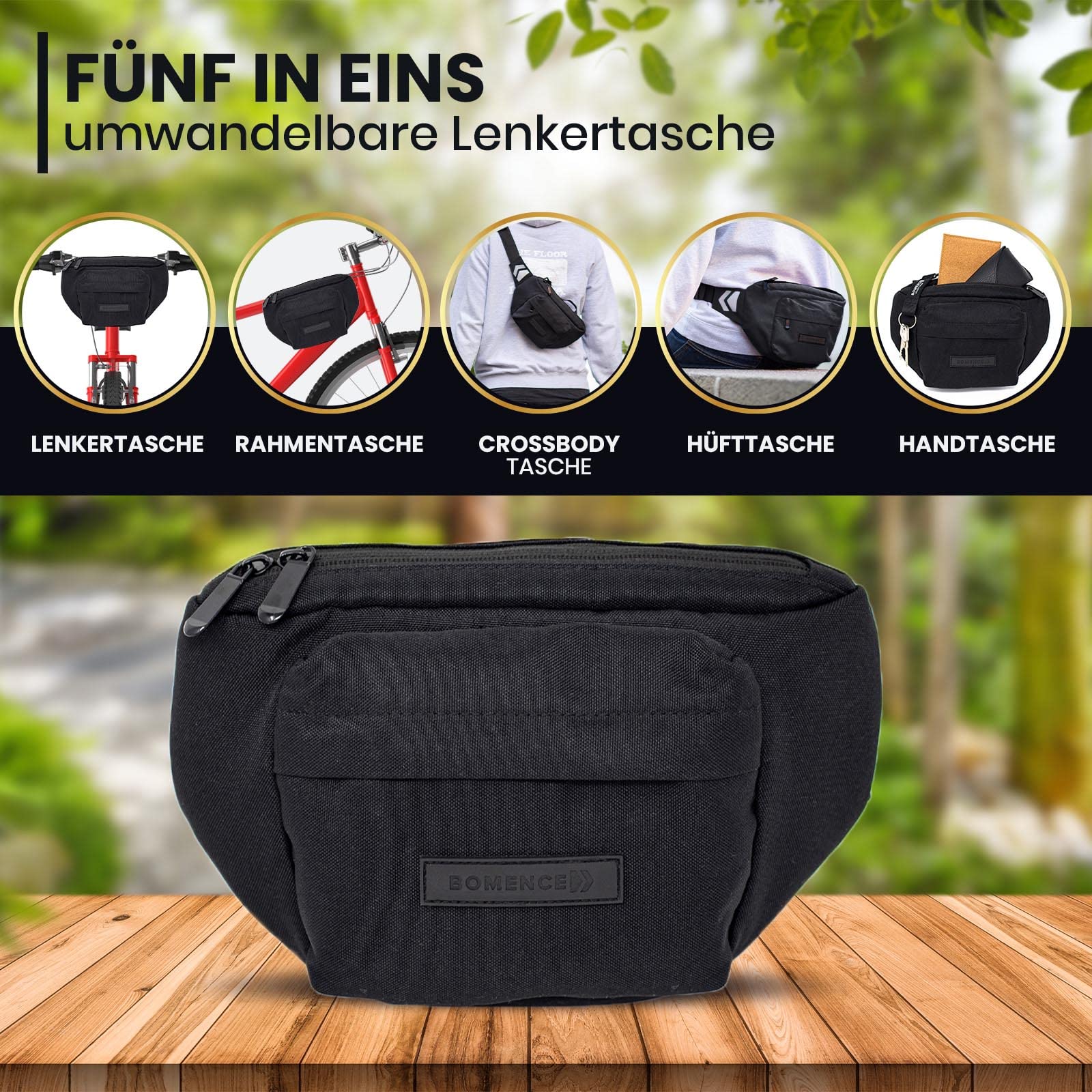 Bomence kleine Fahrrad Lenkertasche Hüfttasche 2-in-1, Gürteltasche, Bauchtasche, Fahrradlenkertasche, Fahrradtasche vorne (Schwarz)