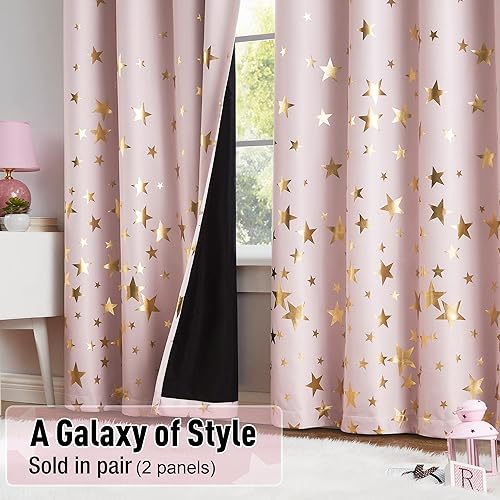 Miniatura 8 de Cortinas opacas con estampado de estrellas doradas y rosas, con aislamiento térmico para niñas, niños, adolescentes, dormitorio, cortinas de ventana