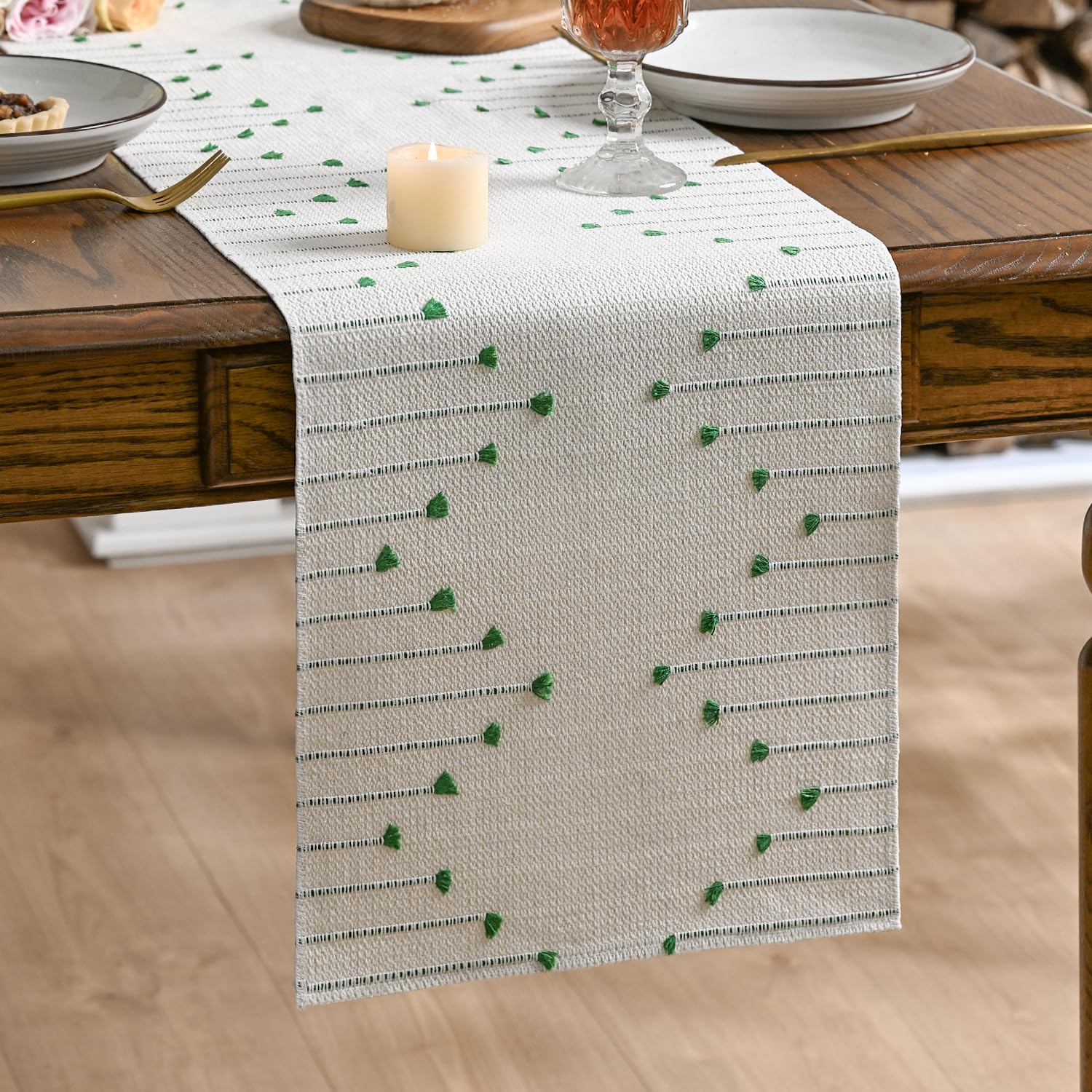 Artoid Mode Boho Dark Green Tassel Table Runner 30x183 cm, Linen Rustic Farmhouse Kitchen Dinning Table Decoration Holiday Wedding Party Decor