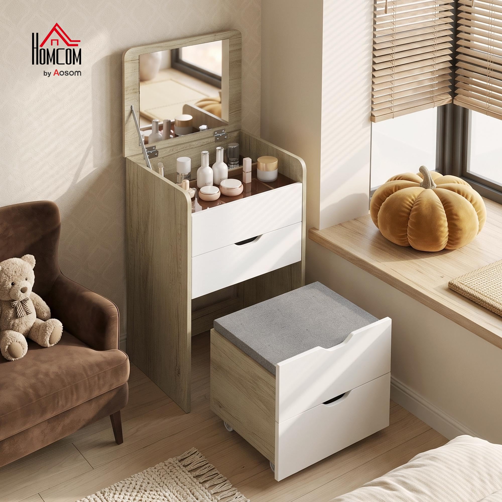 HOMCOM Postazione Trucco 3 in 1 con Specchio a Ribalta, Sgabello a Scomparsa, Toeletta Trucco con Sgabello Imbottito a Ruote, 3 Cassetti, Piano in Vetro Visibile, Vano, Salvaspazio, Rovere e Bianco