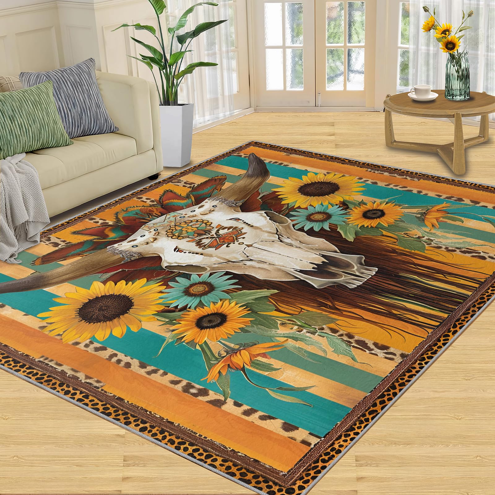 Amazon.com: Cow Skull Rug 6x9 Area Rug, Western Sunflower Rugs for