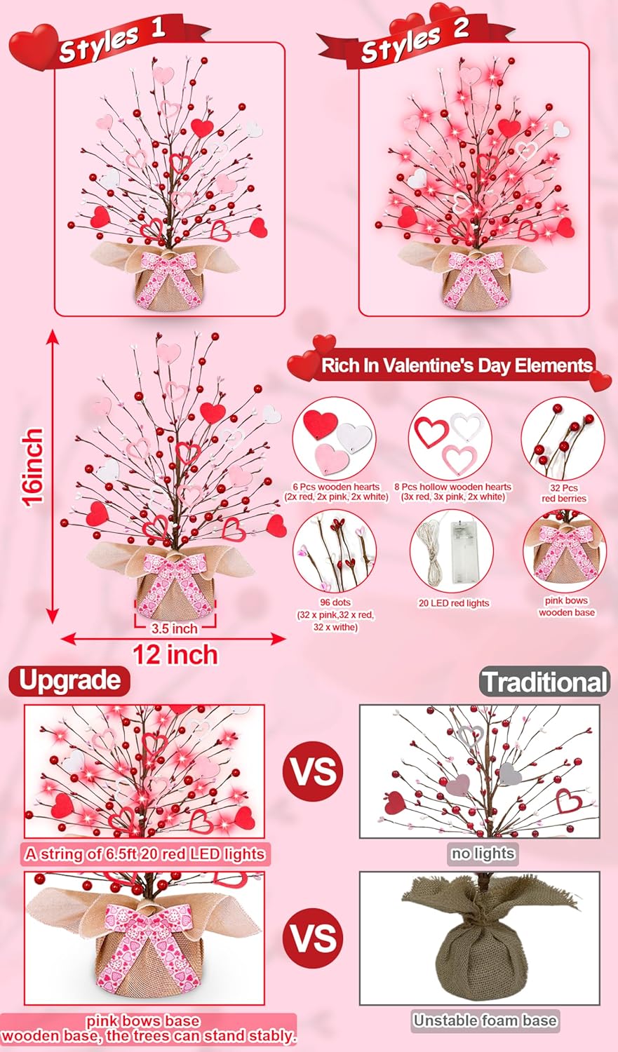 Valentine's Day Tree Tabletop Decorations with 20 Red Lights, Timer, Battery Operated - 16 Inch, Pink & White Hearts, 32 Red Berries - Perfect for Home, Table, Bedroom, Indoor Party & Wedding Decor