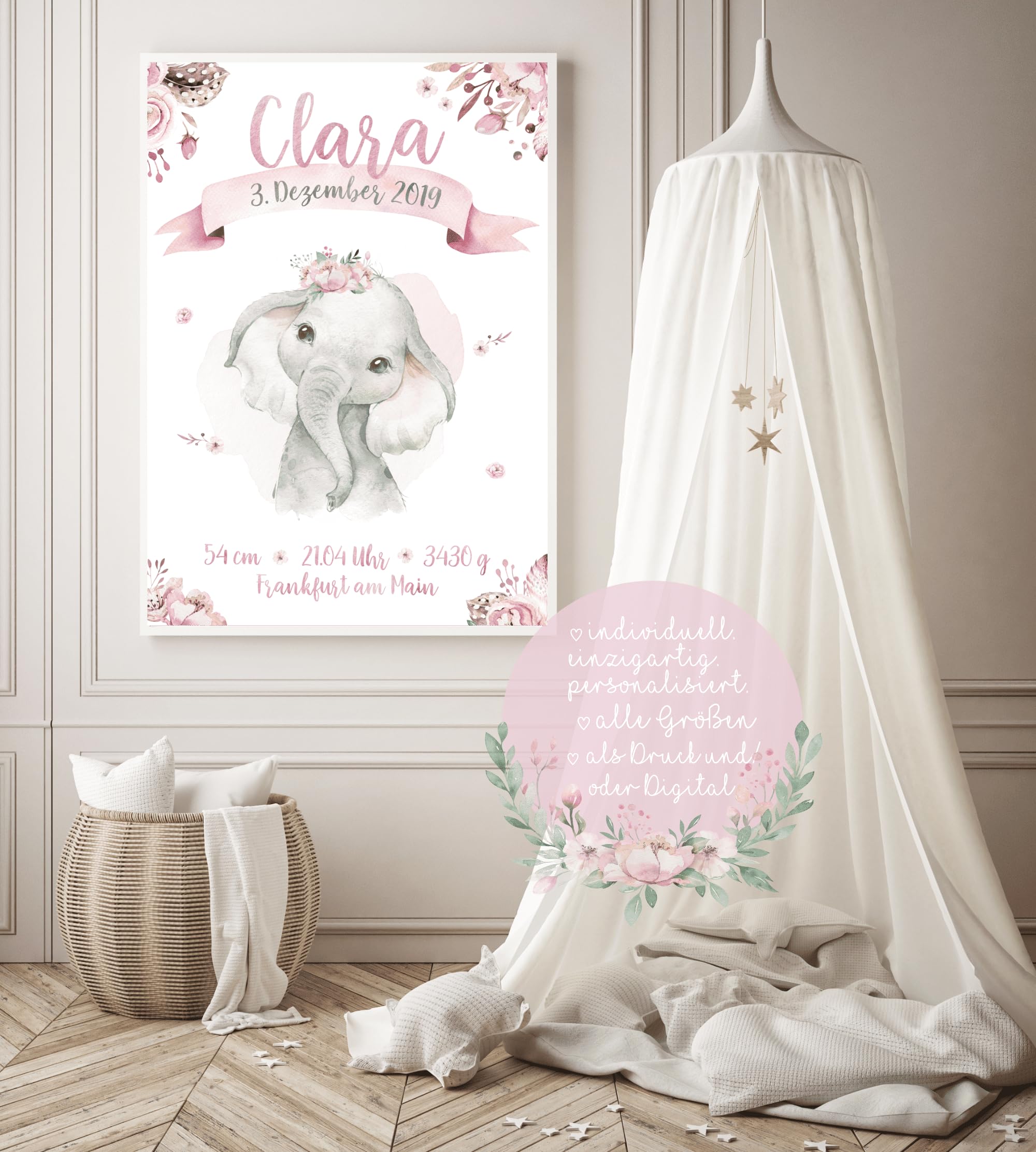 double critical Personalisiertes Geburtsposter Baby-Elefant – Mädchen Aquarell Poster mit Name und Geburtsdaten – Rosa Blumen Deko Kinderzimmer – Geschenk zur Geburt oder Taufe DIN A4 A3