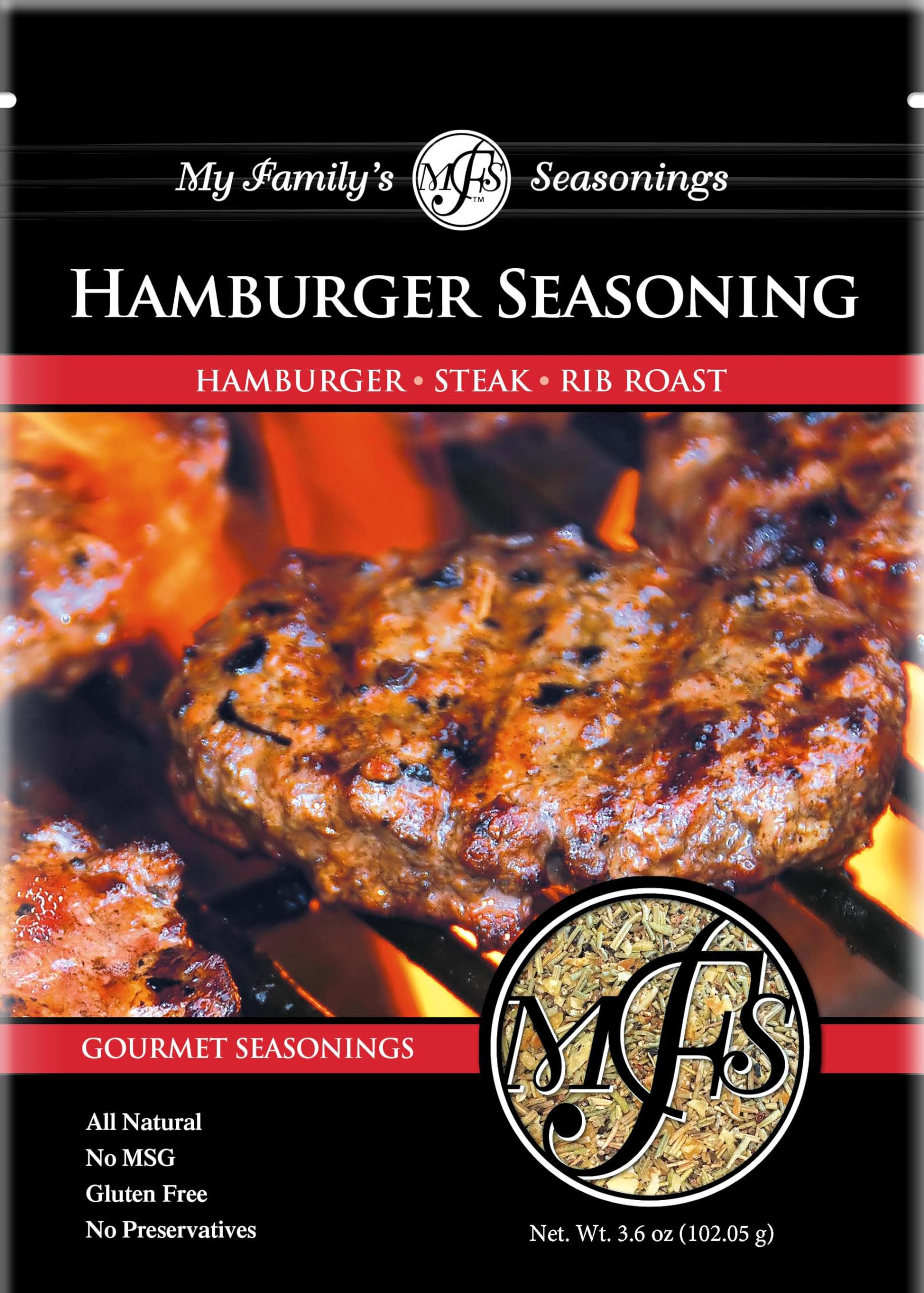 My Family's Hamburger Seasoning - Dry Seasonings and Spices for Hamburgers, Sliders & Roast - Smoking Rubs for Pulled Pork Meat, Ribs & Chops Grilling - Beef Steak Spice - 3.6 oz Pouch