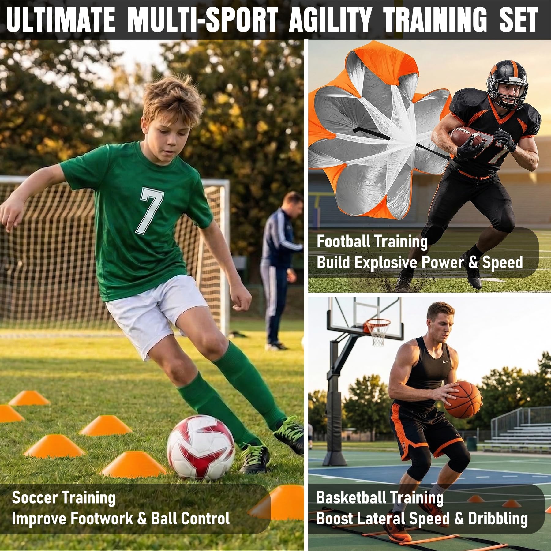 Juego de equipo de entrenamiento de velocidad de 20 pies, 12 conos de fútbol, 4 obstáculos, cuerda de saltar, paracaídas para correr, equipo de entrenamiento de fútbol para niños, jóvenes y adultos