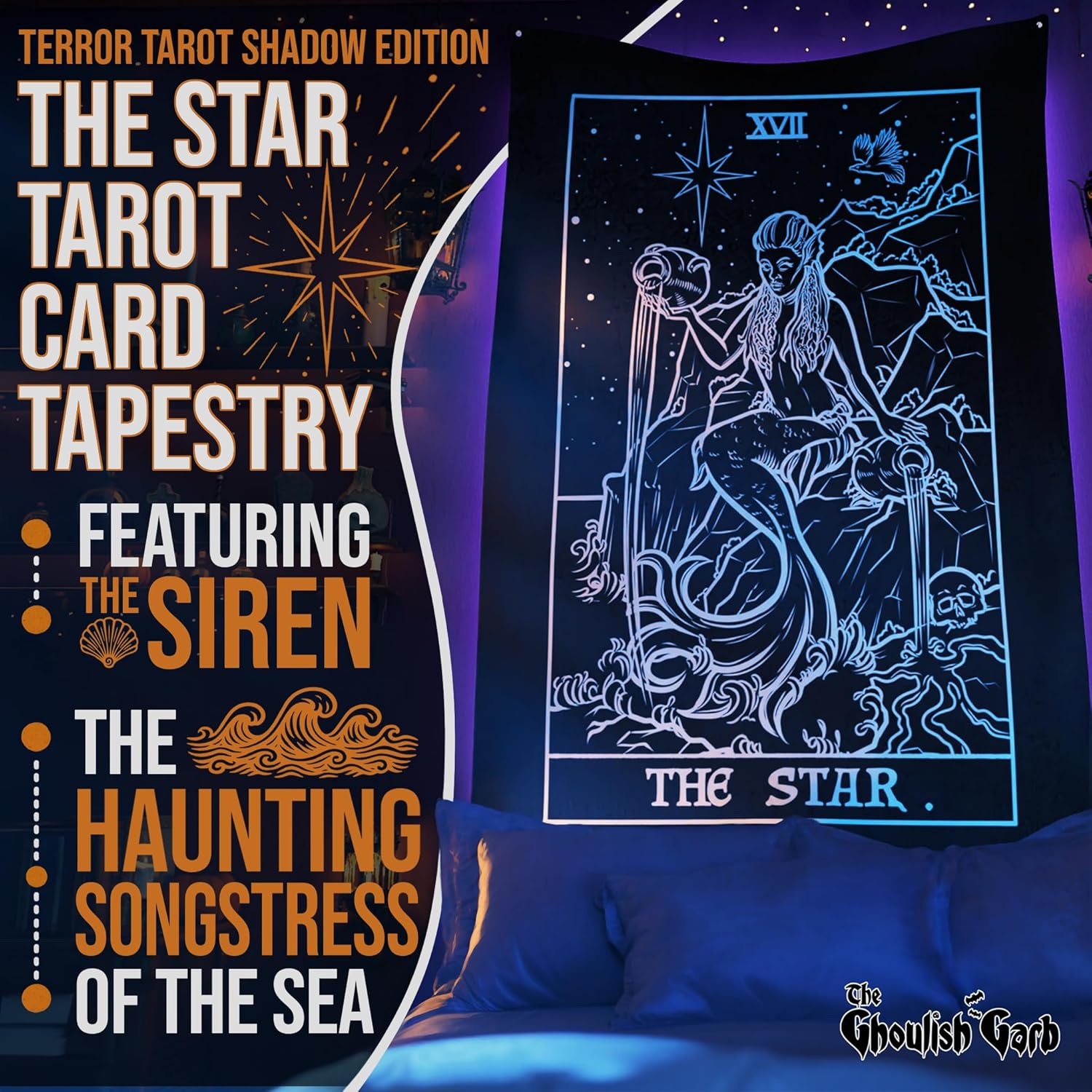 The Star Tarot Card Tapestry (Black & White) - Spooky Siren Mermaid - Gothic Halloween Home Decor Wall Hanging (80" x 68")