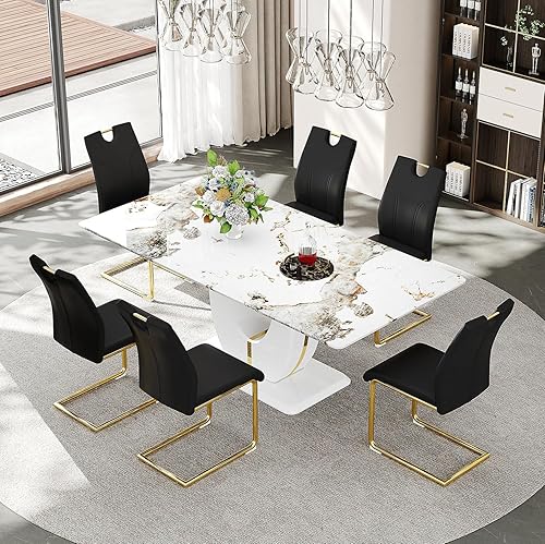 Miniatura 14 de Juego de mesa de comedor de lujo de 71 pulgadas para 6, moderno juego de mesa de comedor de mármol sintético con parte superior de vidrio templado,
